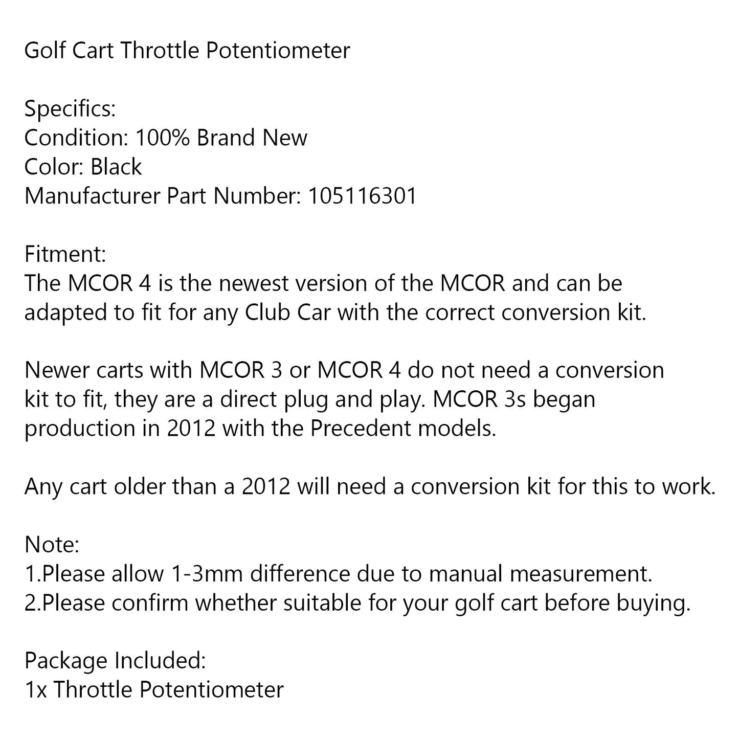 Potentiomètre d'accélérateur pour voiture de golf Precedent DS Club Car MCOR 4 105116301