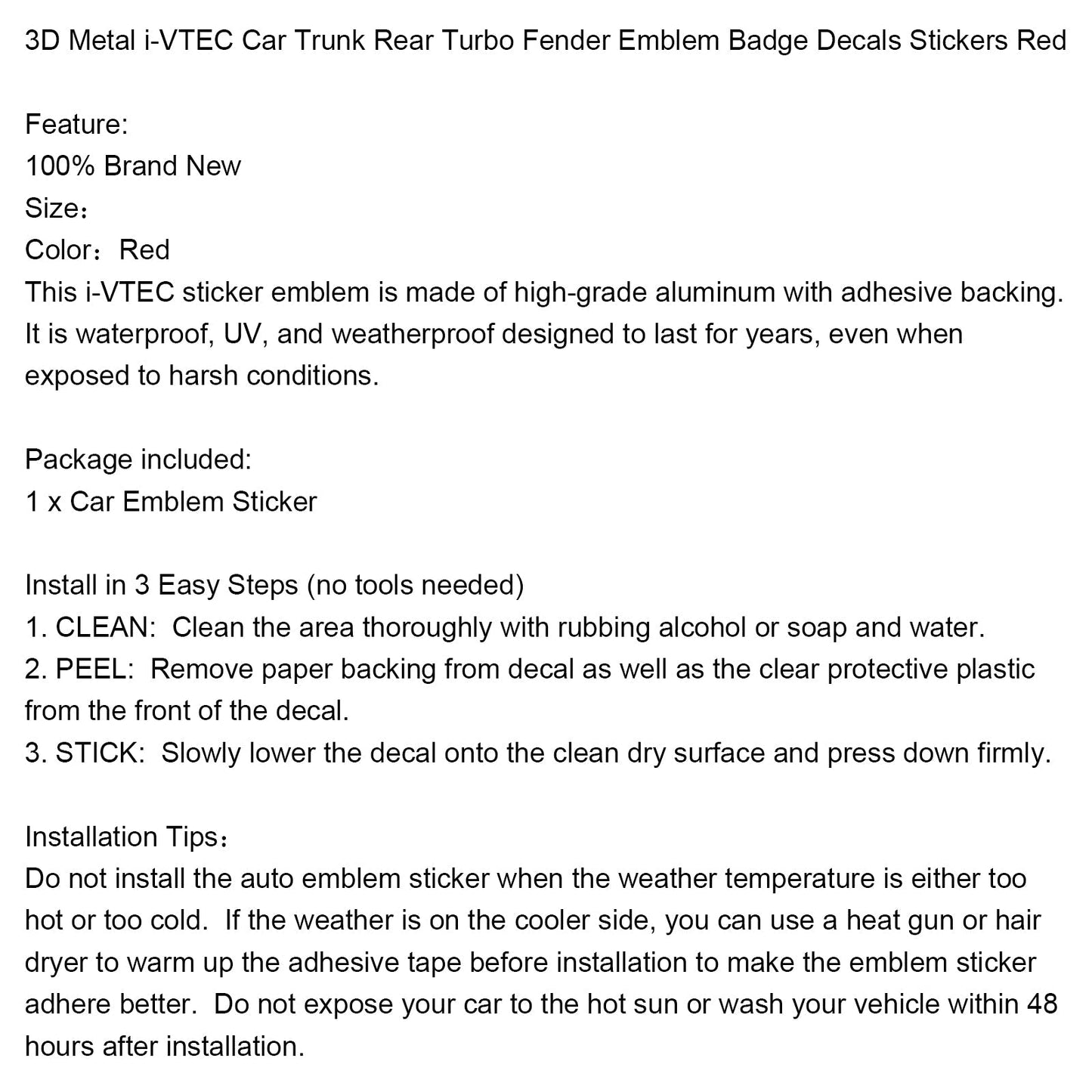 Autocollants 3D en métal pour coffre de voiture i-VTEC, emblème turbo arrière, rouge
