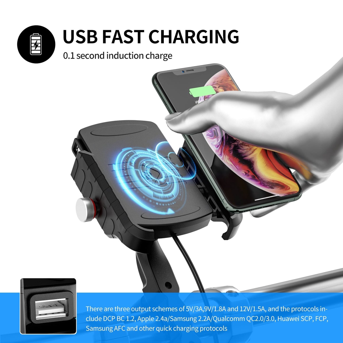 Support de charge sans fil 15 W, extension de téléphone pour moto, noir