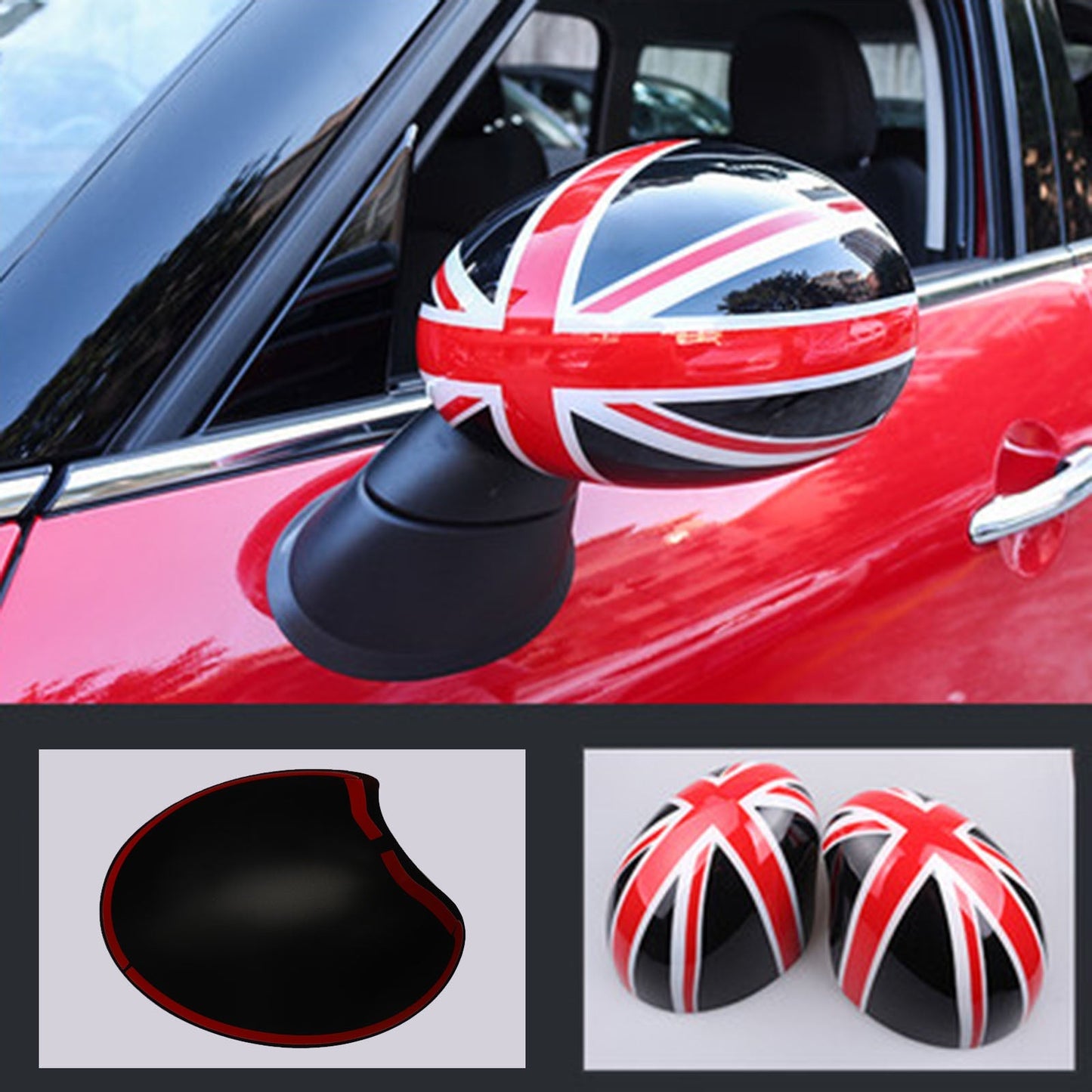 Mini Cooper R55 R56 R57 Noir/Rouge 2 x Coques de rétroviseurs Drapeau britannique Union Jack