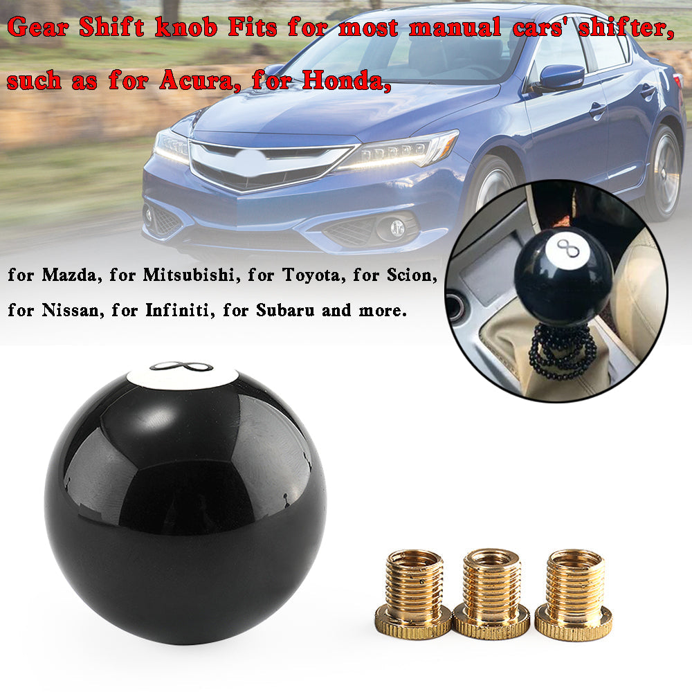 Pommeau de levier de vitesse universel rond noir en forme de boule de billard n° 8 avec 3 adaptateurs