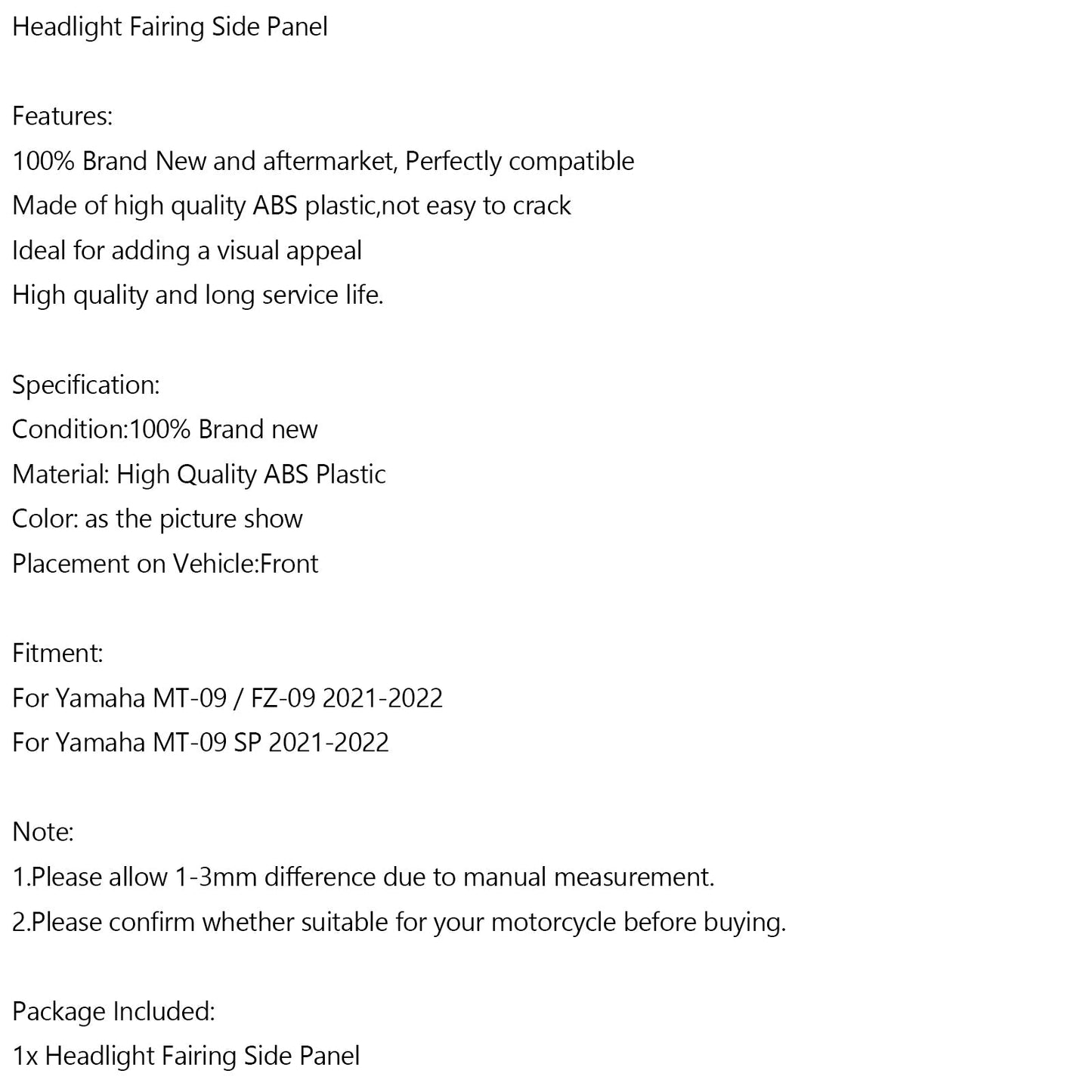 Headlight Fairing Side Panel For For Yamaha MT-09 FZ09 MT-09 SP 2021-2022