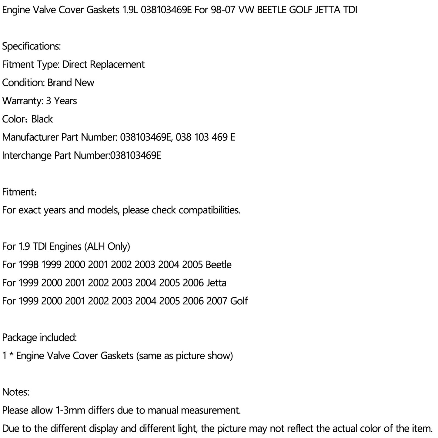 Juntas de tapa de válvulas de motor VW BEETLE GOLF JETTA TDI 1.9L 98-07 038103469E
