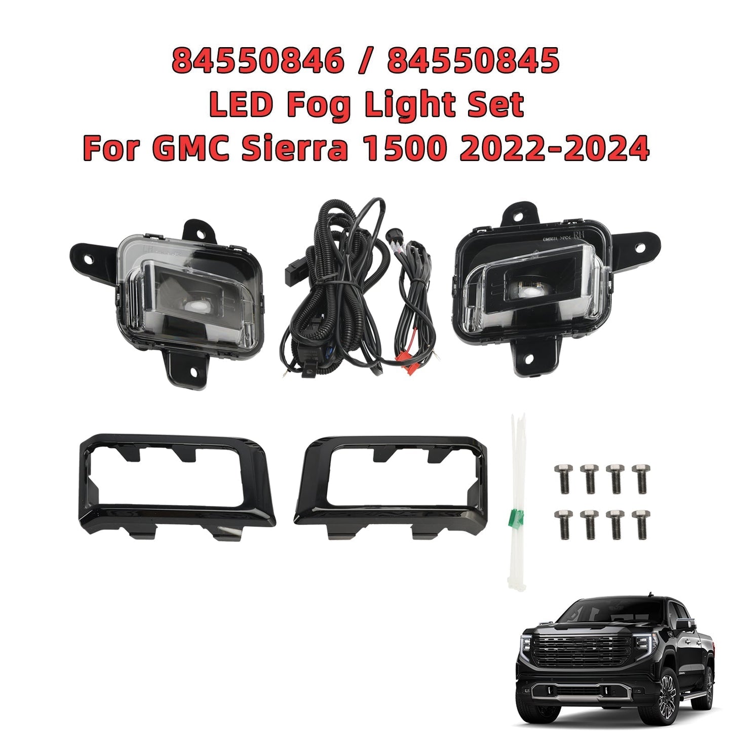 Feu antibrouillard LED pour pare-chocs avant GMC Sierra 1500 2022-2024 + couvercle + faisceau de câbles 84550846 84550845