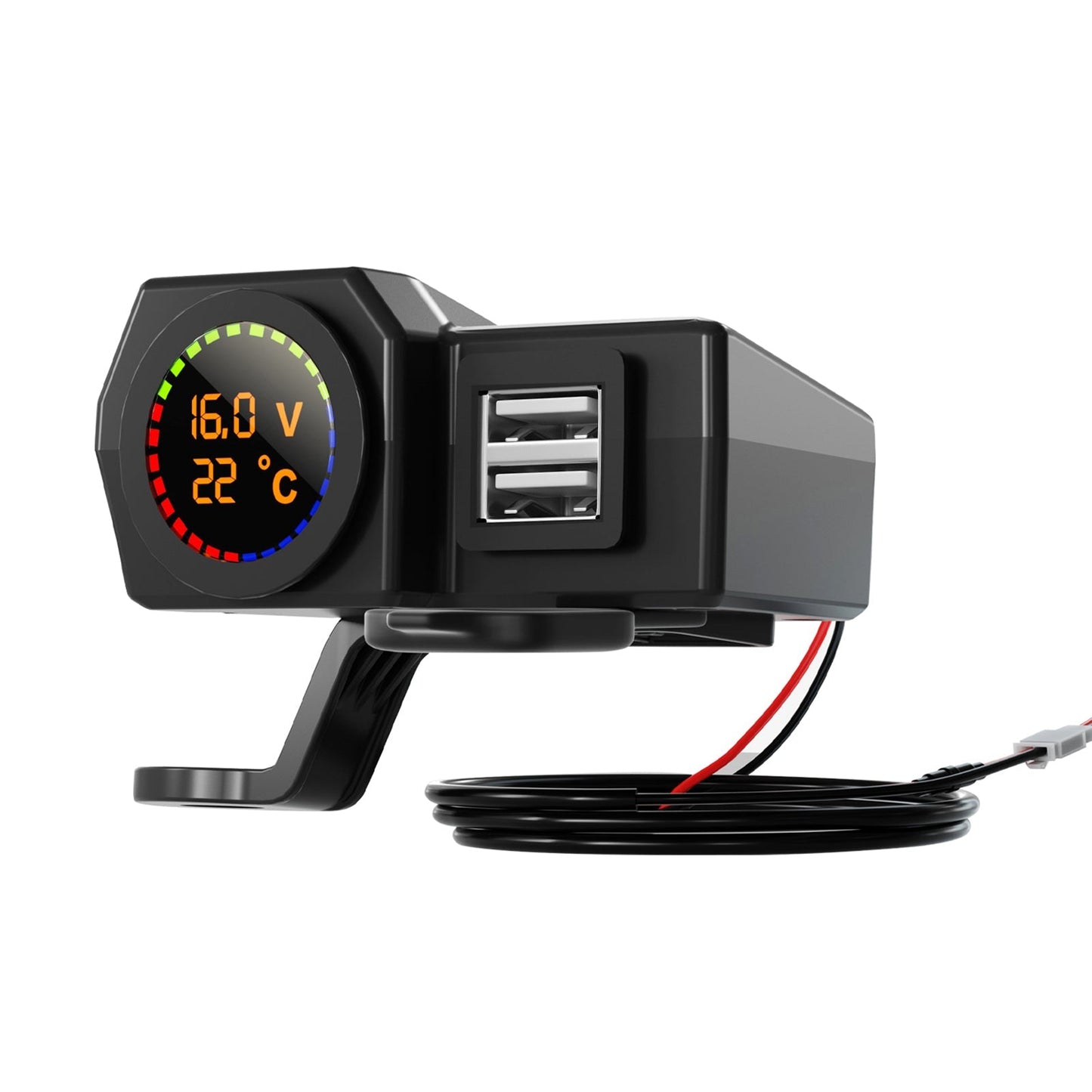 Medidor de voltaje QC3.0, soporte de carga para teléfono, medidor de temperatura para motocicleta, scooter, color negro