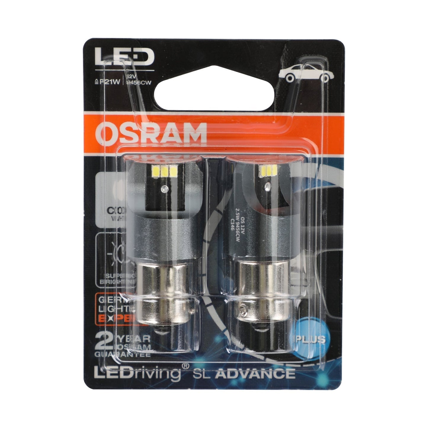 2 ampoules auxiliaires LED OSRAM 9456CW pour voiture P21W 12 V 2,5 W BA15s