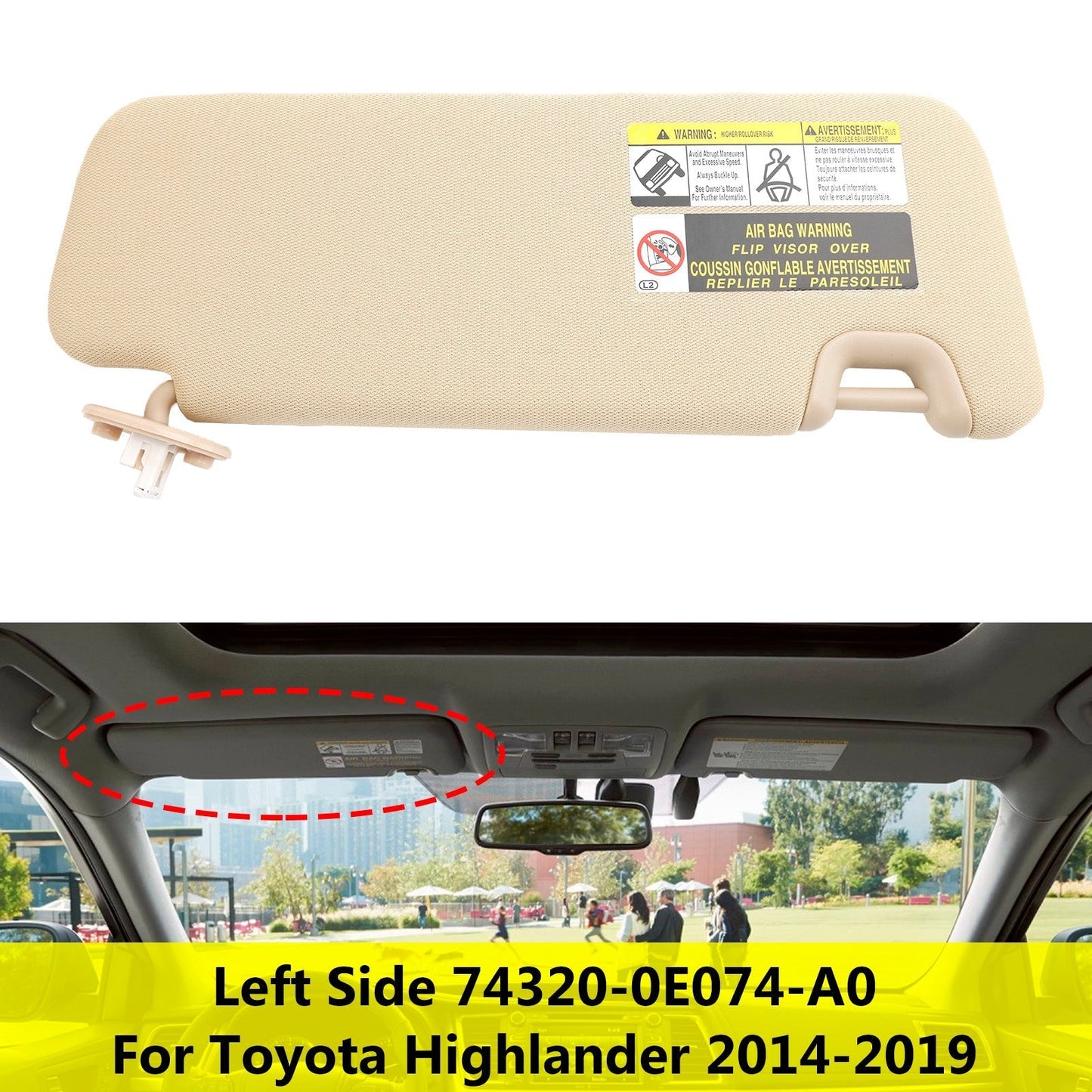 Pare-soleil côté gauche avec éclairage de courtoisie pour Toyota Highlander 2014-2019 74320-0E074-A0