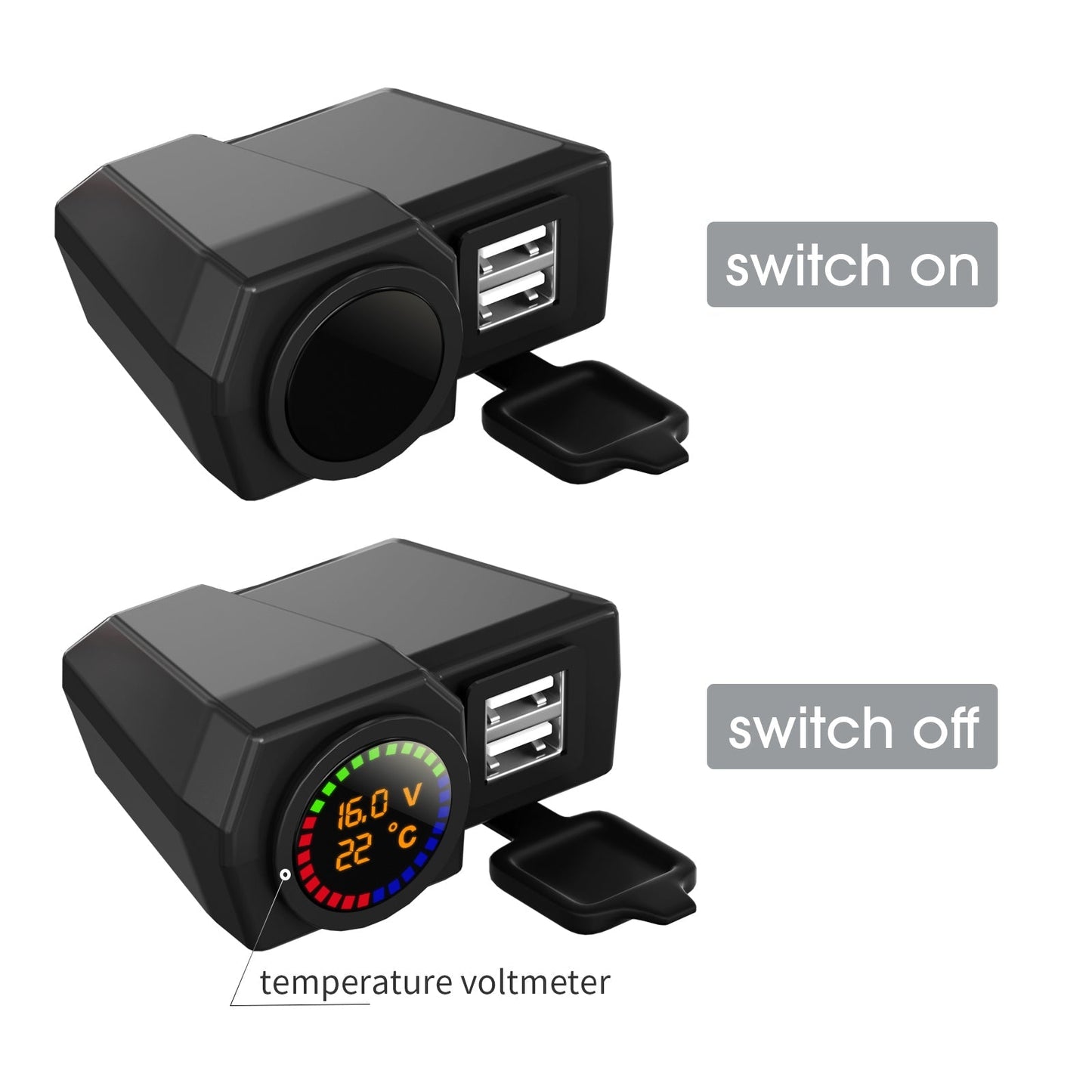 Medidor de voltaje QC3.0, soporte de carga para teléfono, medidor de temperatura para motocicleta, scooter, color negro