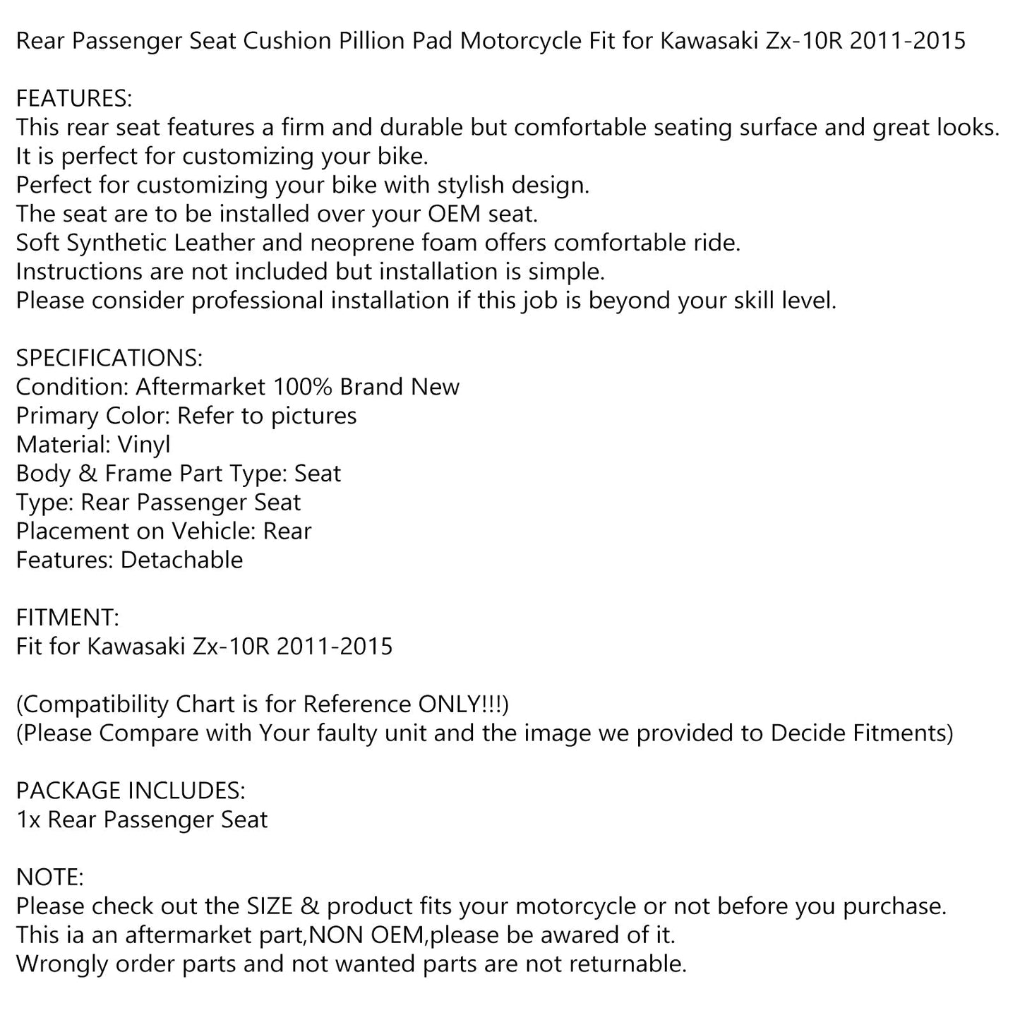 Black Rear Passenger Seat Cushion Fit For Kawasaki Zx-10R Zx 10 R 2011-2015