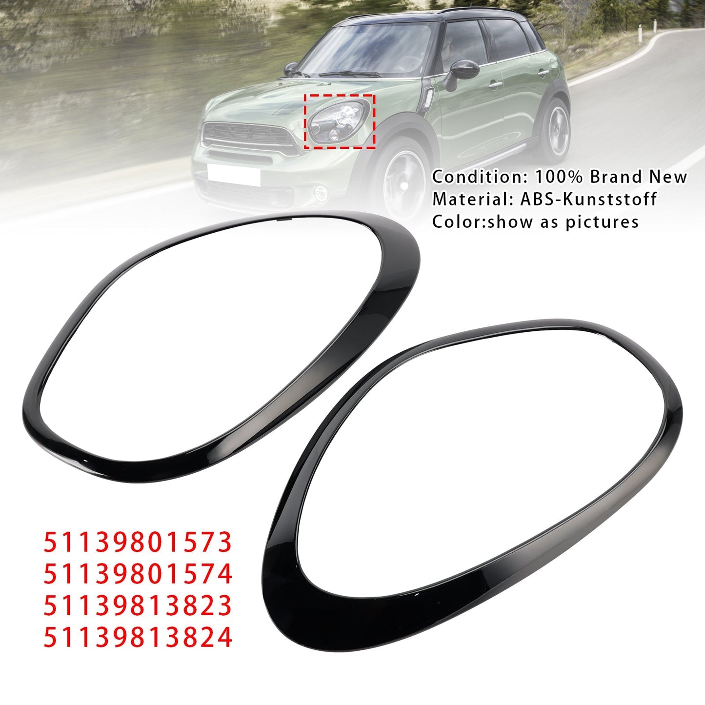 2011-2016 MINI Cooper R60 Countryman (sous-modèle : Base, S, S ALL4) 2 pièces Anneau décoratif de phares noir brillant 51139801573 51139801574