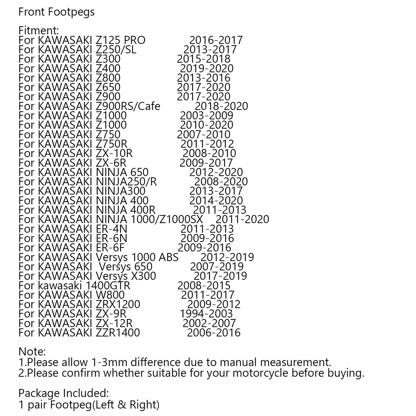 Reposapiés delanteros para KAWASAKI Z300 Z400 Z800 Z650 Z900 Z1000 NINJA 650