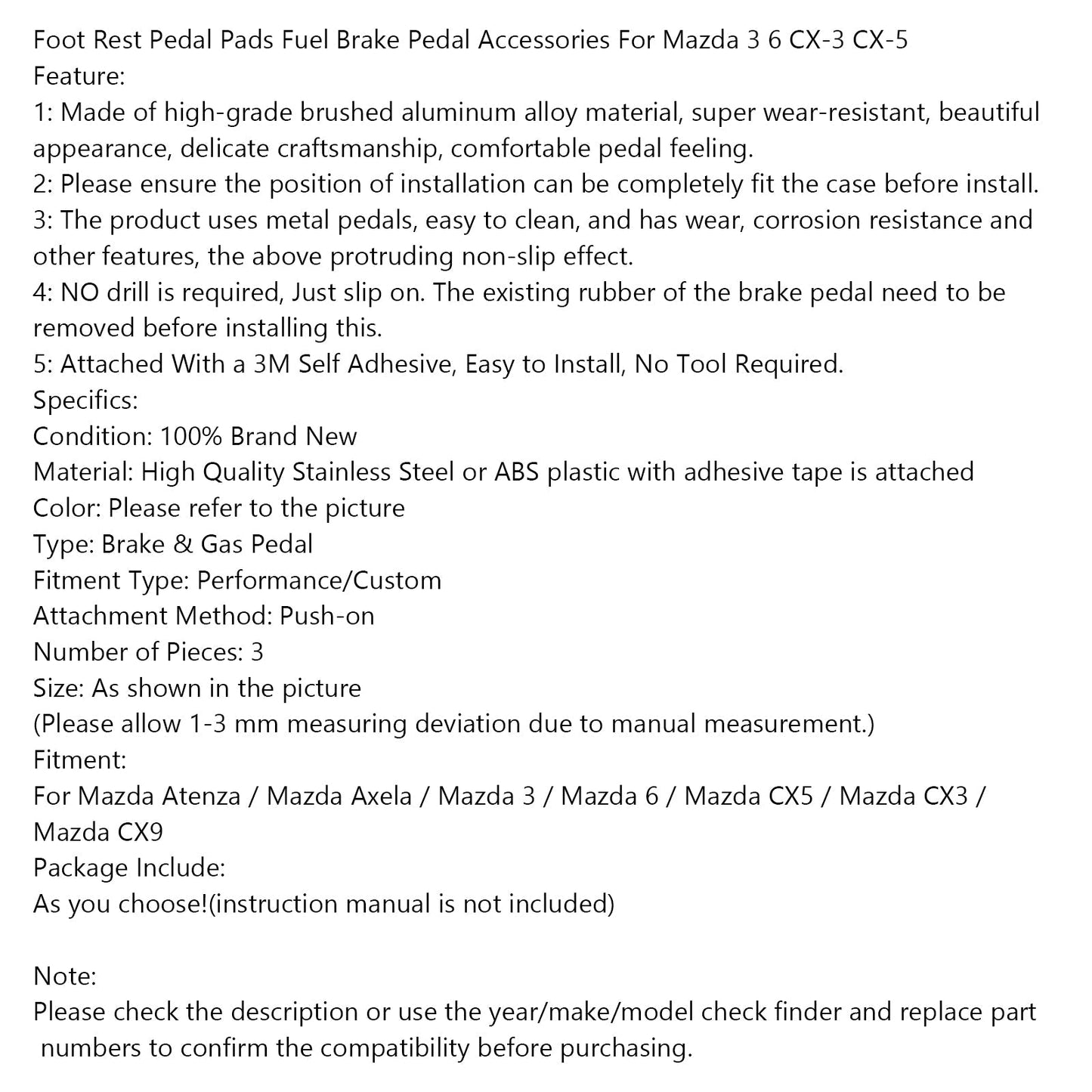 Almohadillas de pedal de reposapiés, pedal de freno de combustible, accesorios para Mazda 3, 6, CX-3 y CX-5