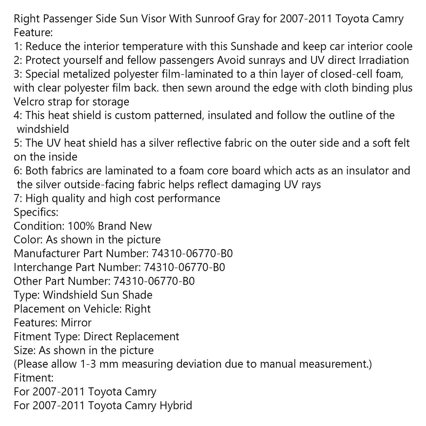 Pare-soleil côté passager droit avec toit ouvrant gris pour Toyota Camry 2007-2011