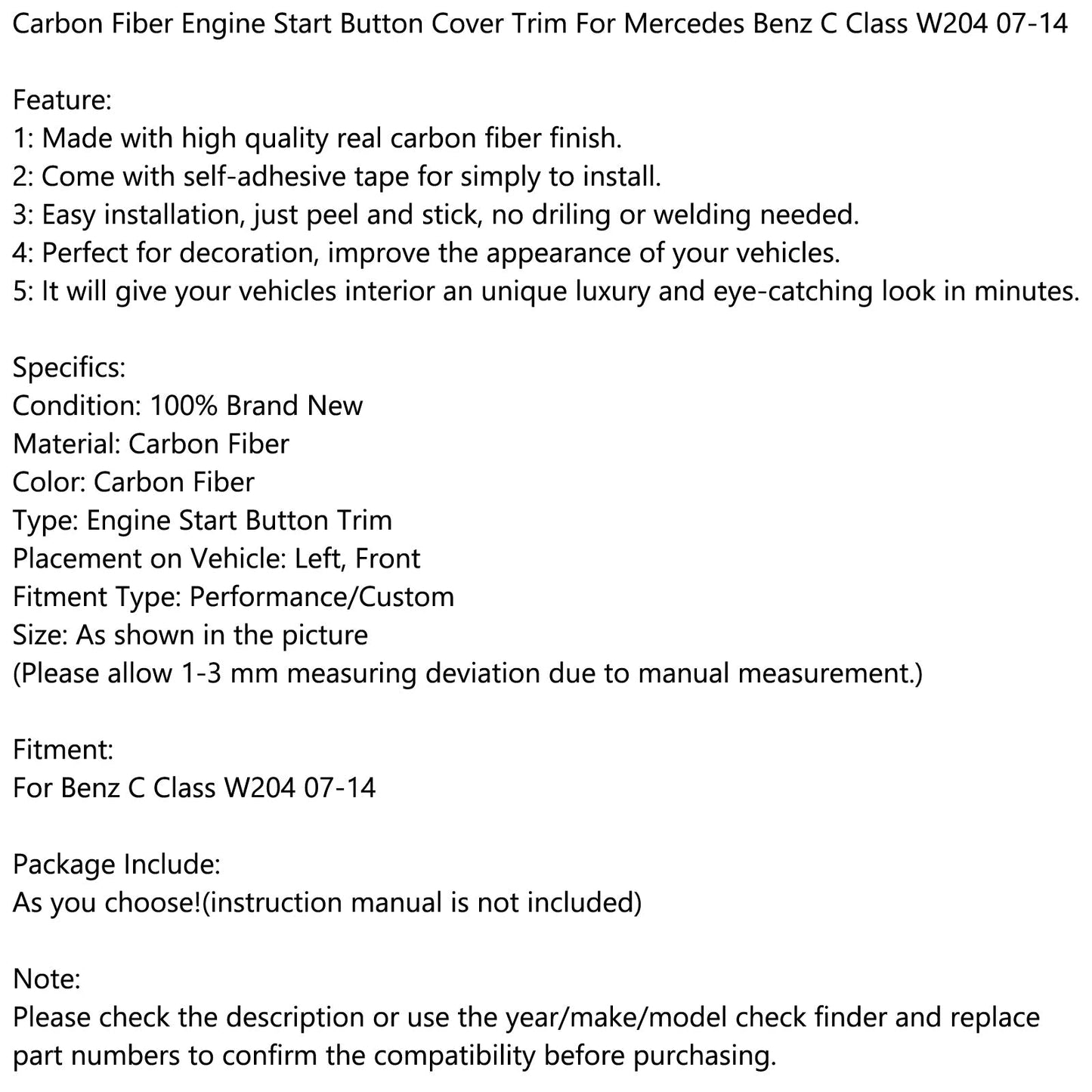 Garniture de couvercle de bouton de démarrage en fibre de carbone pour Mercedes Benz Classe C W204 07-14