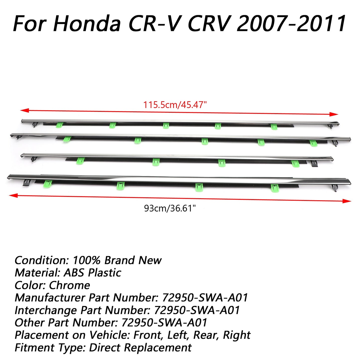 Joints d'étanchéité pour moulures de vitres de voiture Honda CR-V 2007-2011 CRV 4x 72950-SWA-A01