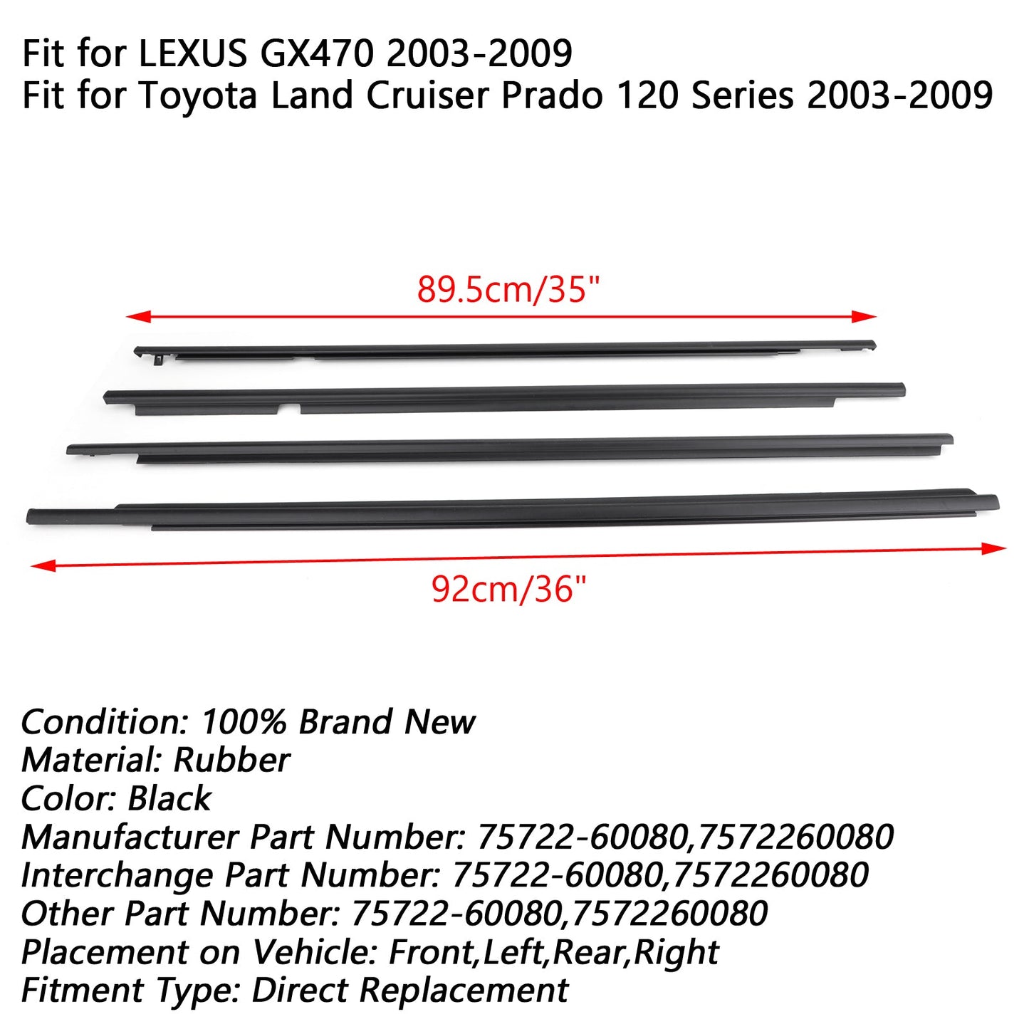 Moulure de ceinture de fenêtre pour joint d'étanchéité pour Toyota Land Cruiser Prado série 120 2003-2009 7572260080