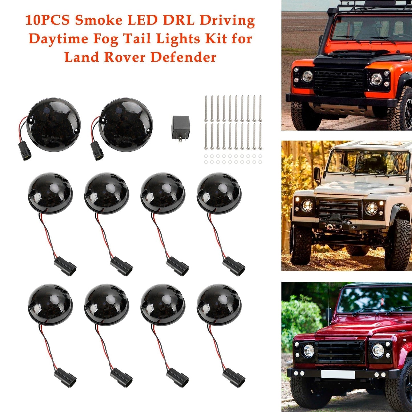 Kit de 10 feux arrière antibrouillard à LED fumés pour Land Rover Defender 1990-2016