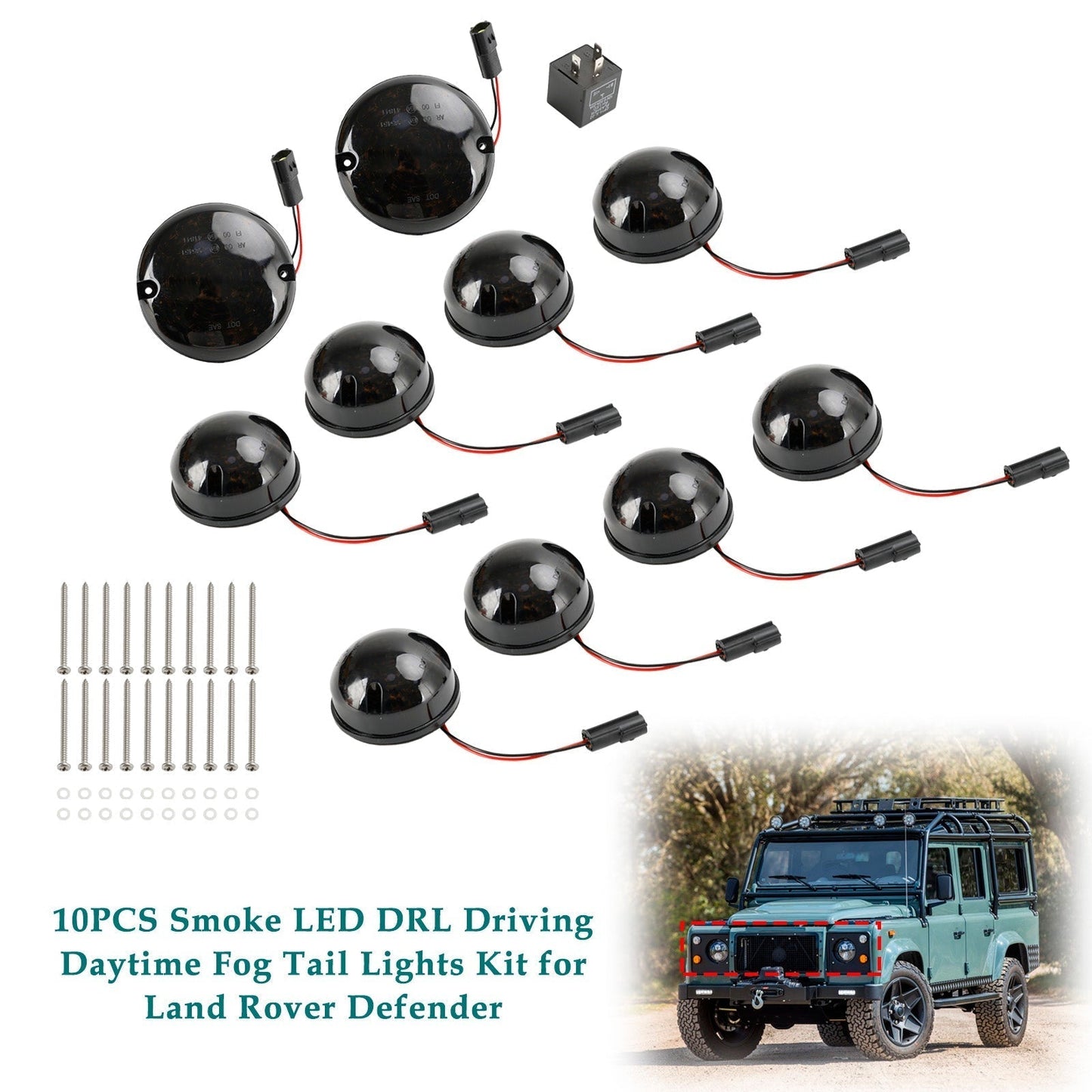 Kit de 10 feux arrière antibrouillard à LED fumés pour Land Rover Defender 1990-2016