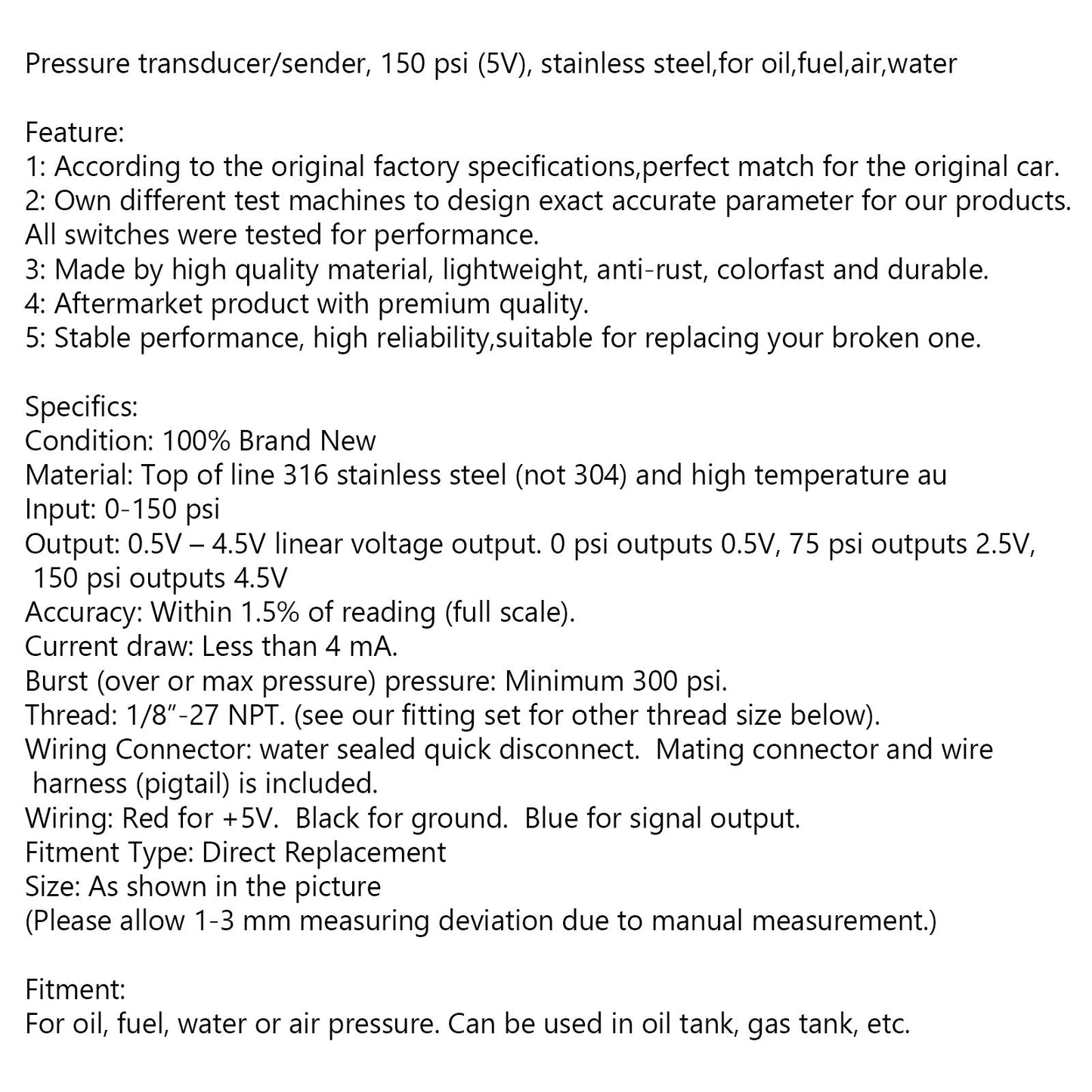 Transductor/sensor de presión, 150 psi (5 V), acero inoxidable, para aceite, combustible, aire y agua.