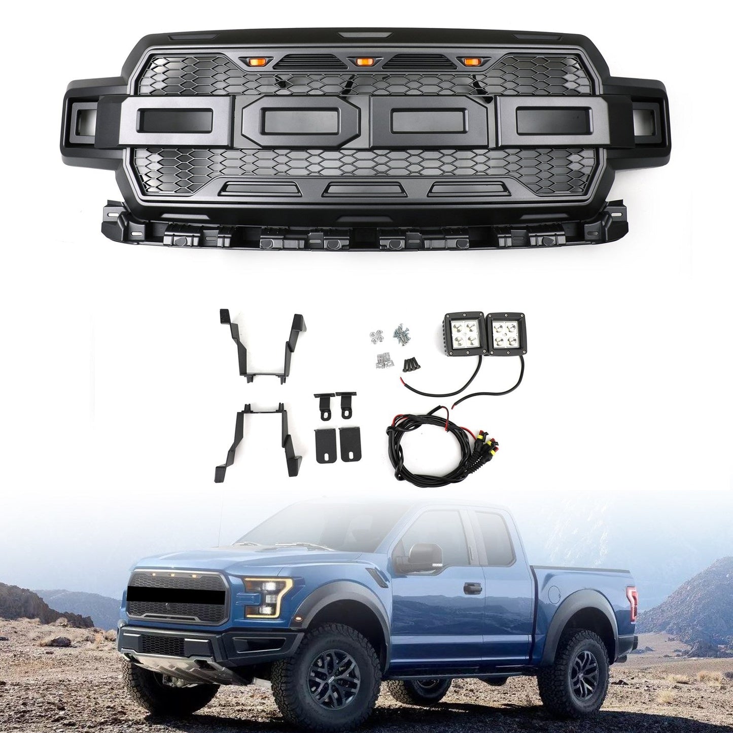 2018-2020 Ford F150 Front Bumper Replacement Black Grille W/ LED & Letter Raptor Grille