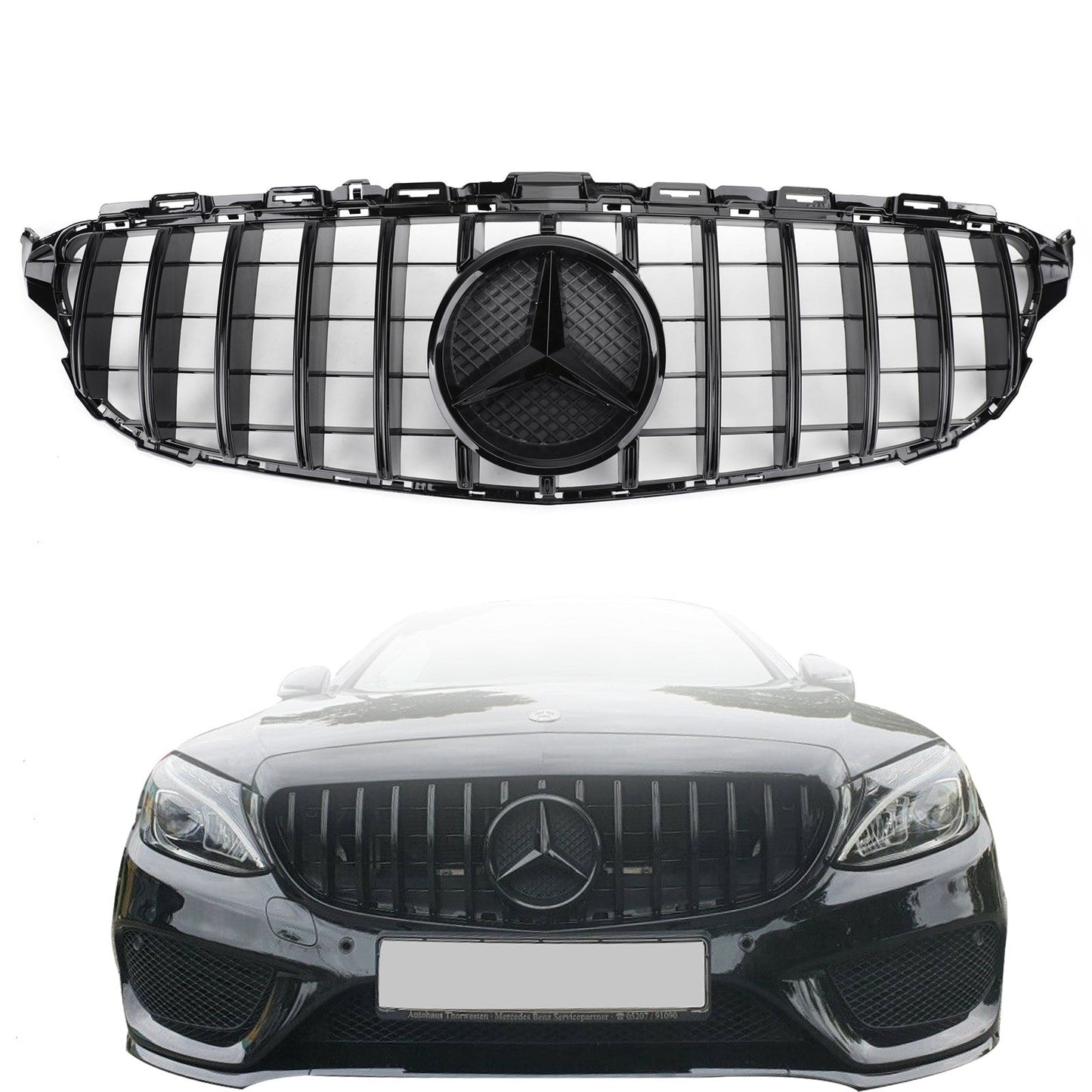 2015 2016 2017 2018 Mercedes Benz C-Class W205 C205 GT Style Grille Front Bumper Glossy Black Grill