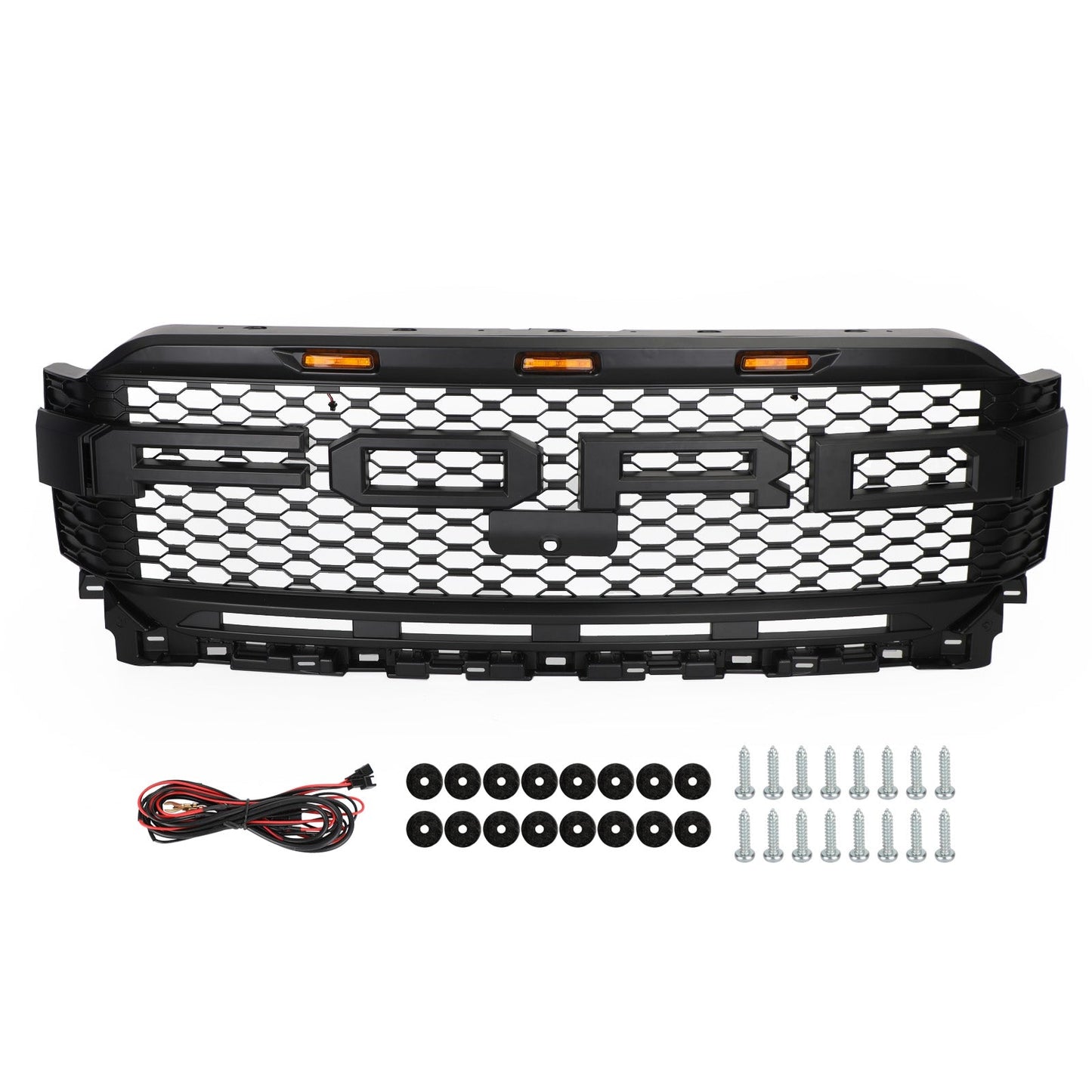 2021-2023 Ford F150 Front Bumper Honeycomb Black Grille With LED & Camera Hole & Letter Raptor Style Grill