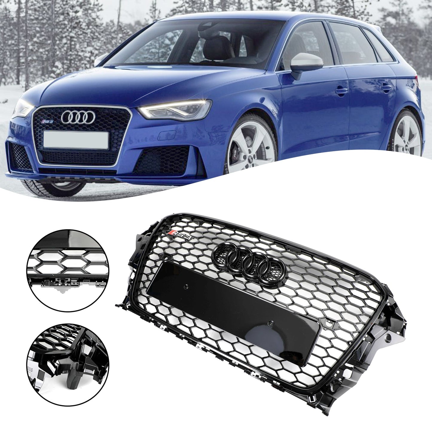 2013-2016 Audi A3 / A3 Sline / S3 Front Grill Air Intake Radiator Glossy Black RS Honeycomb Bumper Grille With Rings Emblem