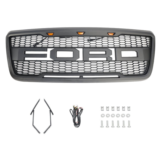 2004-2008 F150 Ford Raptor Style Black Front Mesh Black Hood Grill Grille Replacement With LED Generic