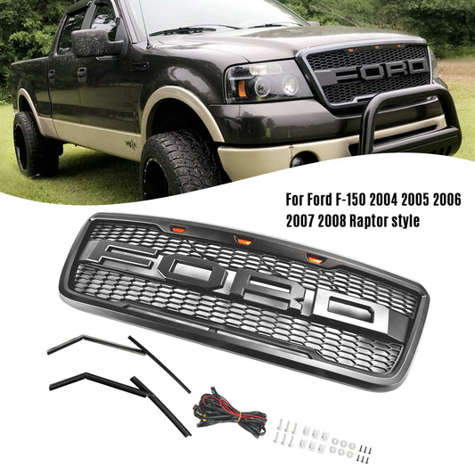 2004-2008 Ford F150 Raptor Style Gray Black Front Mesh Hood Grill Grille Replacement With LED