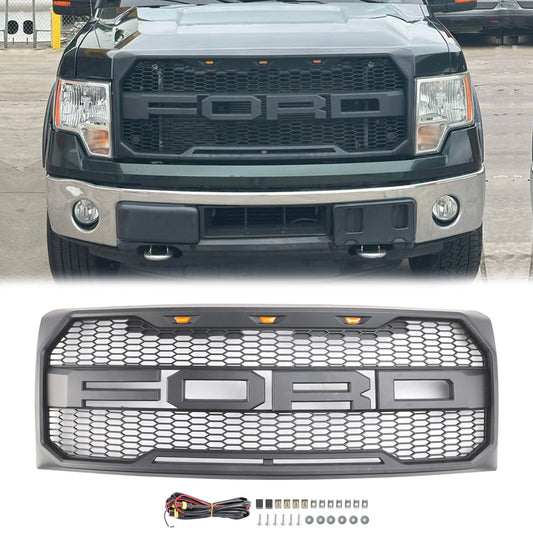 2009-2014 Raptor Style Grill Ford F150 Gray Black Front Bumper Replacement Grille W/ LED & Letter