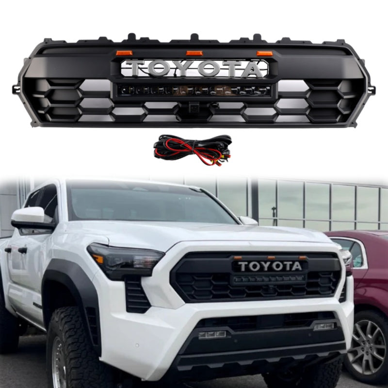 Toyota 2024-2025 Tacoma TRD Pro Front Grille Black Honeycomb Grill + LED Light + Light Bar + Letter