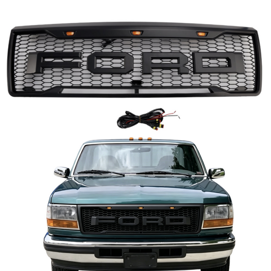 1992-1996 Ford F150 Matte Black Front Honeycomb Bumper Grille Grill W/ LED