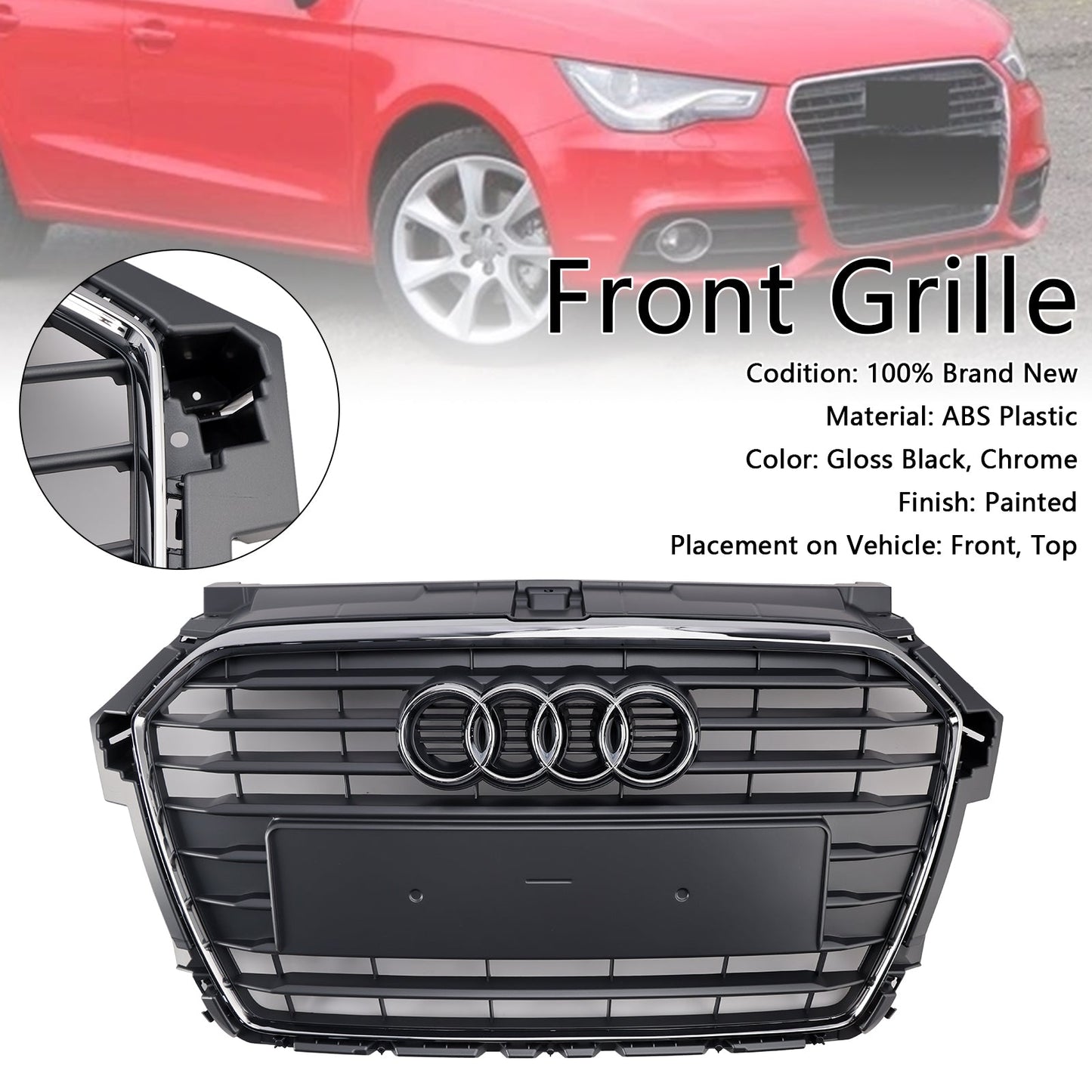 2014 2015 2016 2017 2018 2019 Audi A1 / A1 Sline / S1 8X Honeycomb / Slat Front Grille Air Intake Radiator Black RS Grill W/ Audi Rings