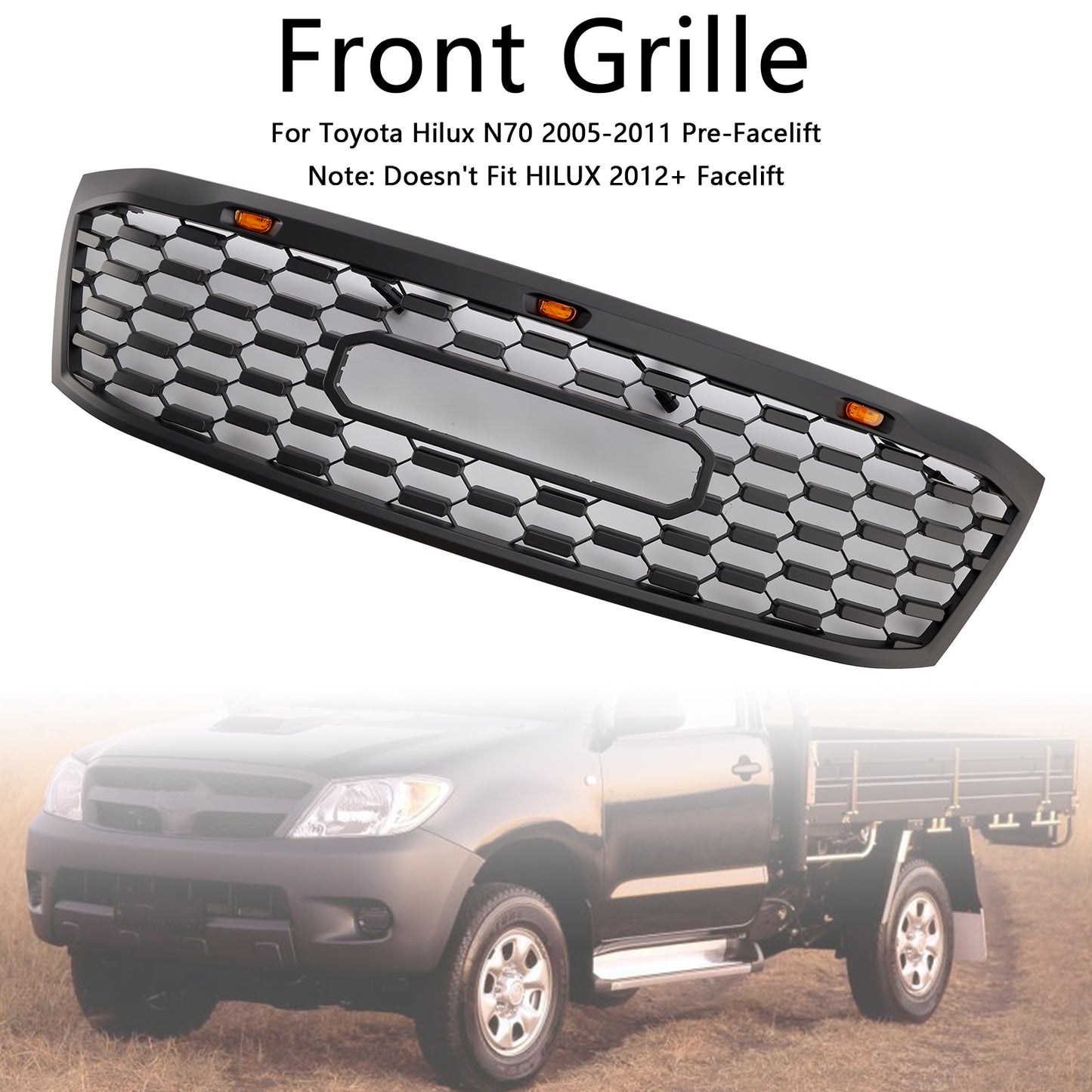 2005-2011 Toyota Hilux N70 Front Grill Honeycomb Matte Black Front Bumper Grille W/ LED + Letter