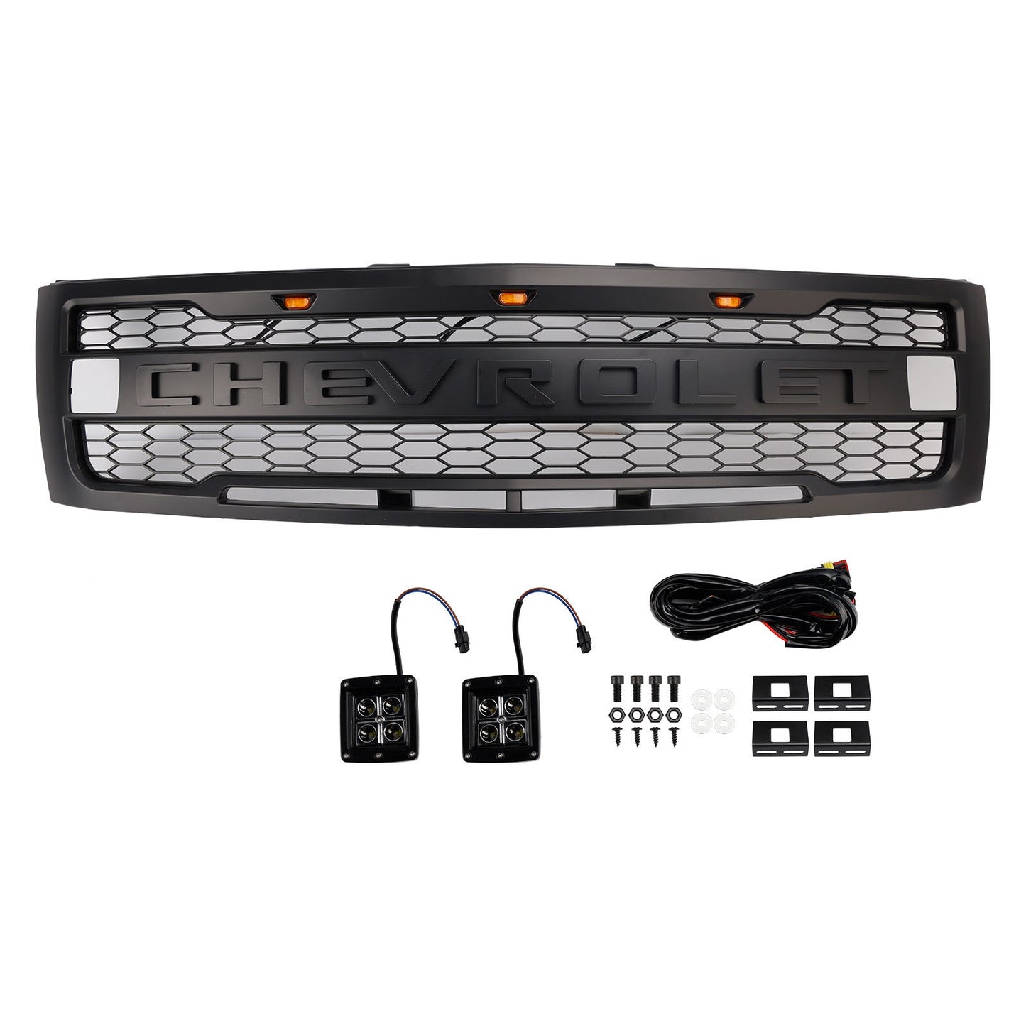 2007-2013 Chevy Silverado 1500 Raptor Style Grill Front Bumper Black Replacement Grille W/ LED
