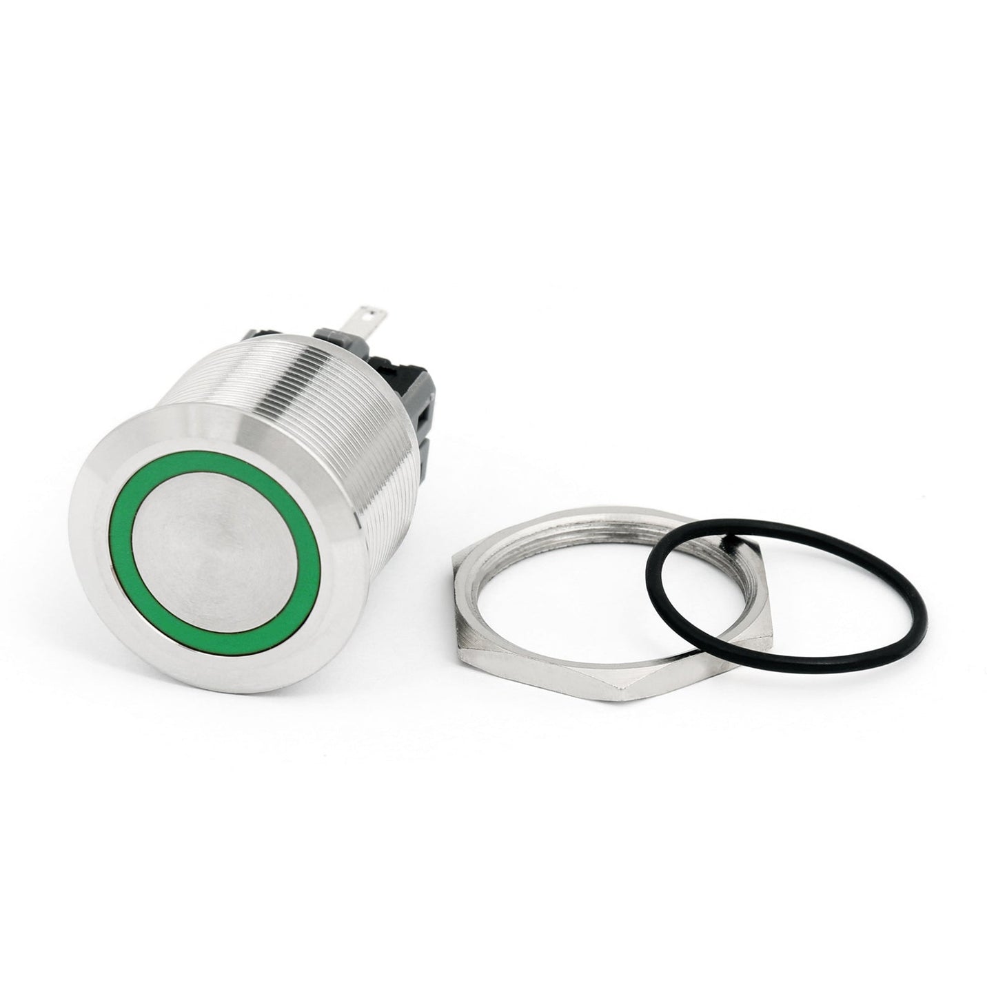 1 pulsador momentáneo LED verde de 25 mm y 24 V con anillo de acero inoxidable para coche.