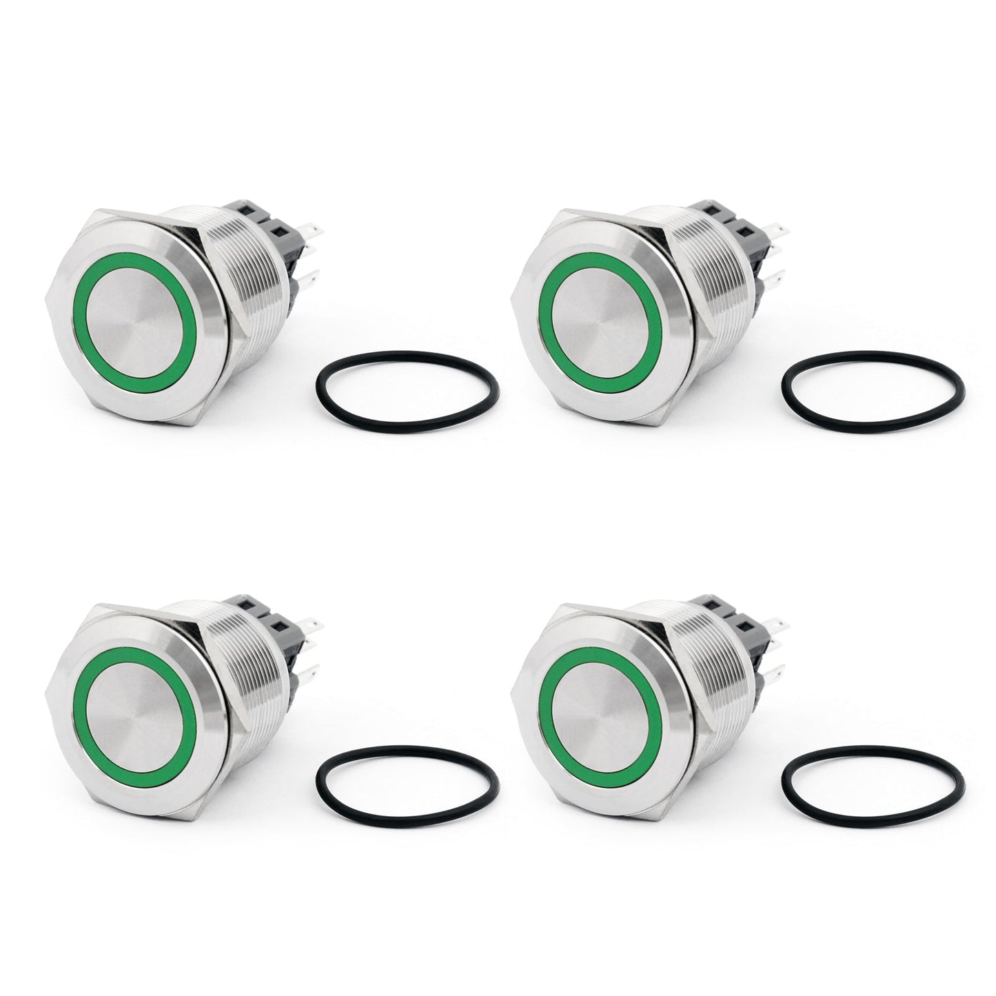 4 pulsadores momentáneos LED verdes de 25 mm y 24 V con anillo de acero inoxidable para coche
