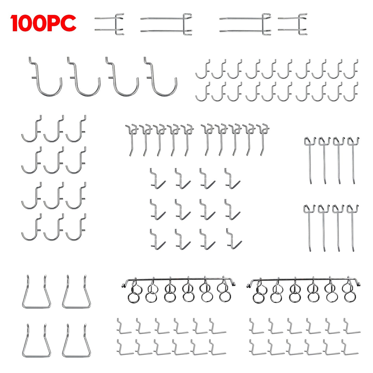 Kit de 100 crochets pour panneau perforé, rangement, atelier, garage, outils, cintre