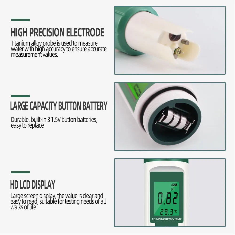 Medidor digital 5 en 1 de pH, TDS, EC, ORP, temperatura y calidad del agua.