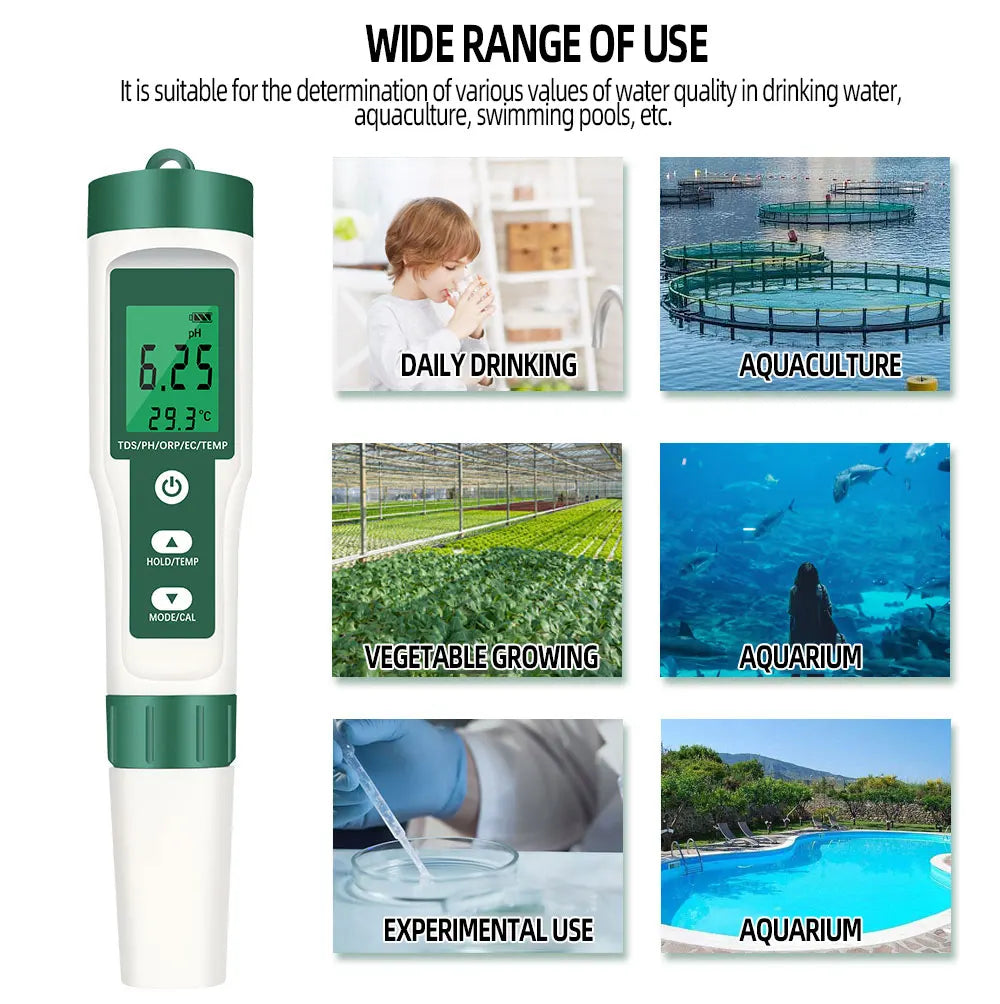Medidor digital 5 en 1 de pH, TDS, EC, ORP, temperatura y calidad del agua.