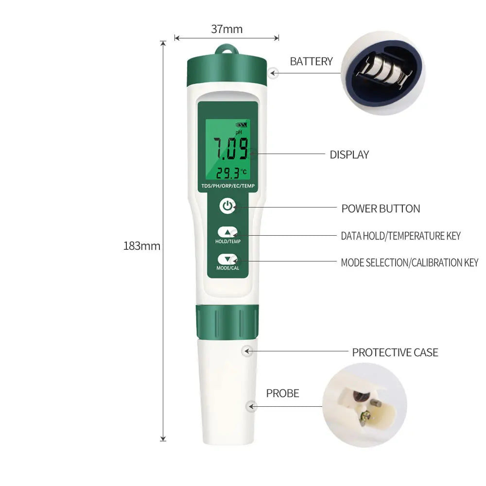 Medidor digital 5 en 1 de pH, TDS, EC, ORP, temperatura y calidad del agua.