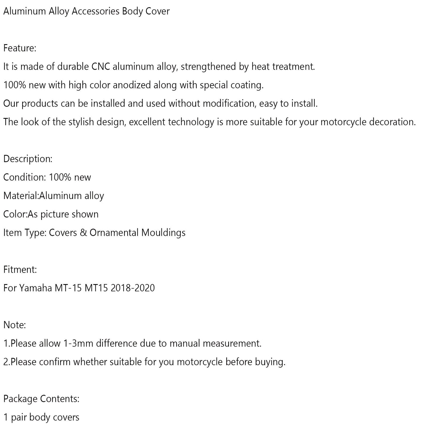 Cubierta de carrocería de aleación de aluminio para Yamaha MT 15 MT-15 MT15 2018-2020