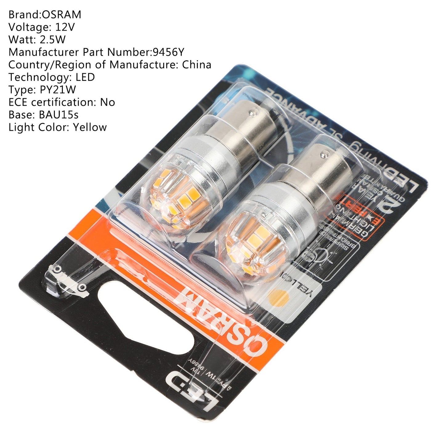 2 ampoules auxiliaires LED OSRAM 9456Y pour voiture PY21W 12V2.5W BAU15s