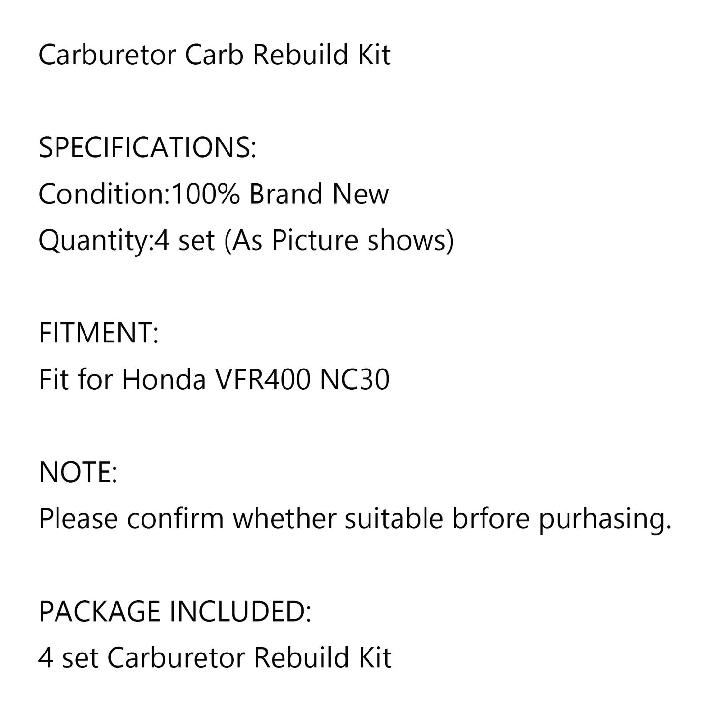 Kit de reparación de carburador (4 piezas) para Honda VFR400, VFR400R y NC30.