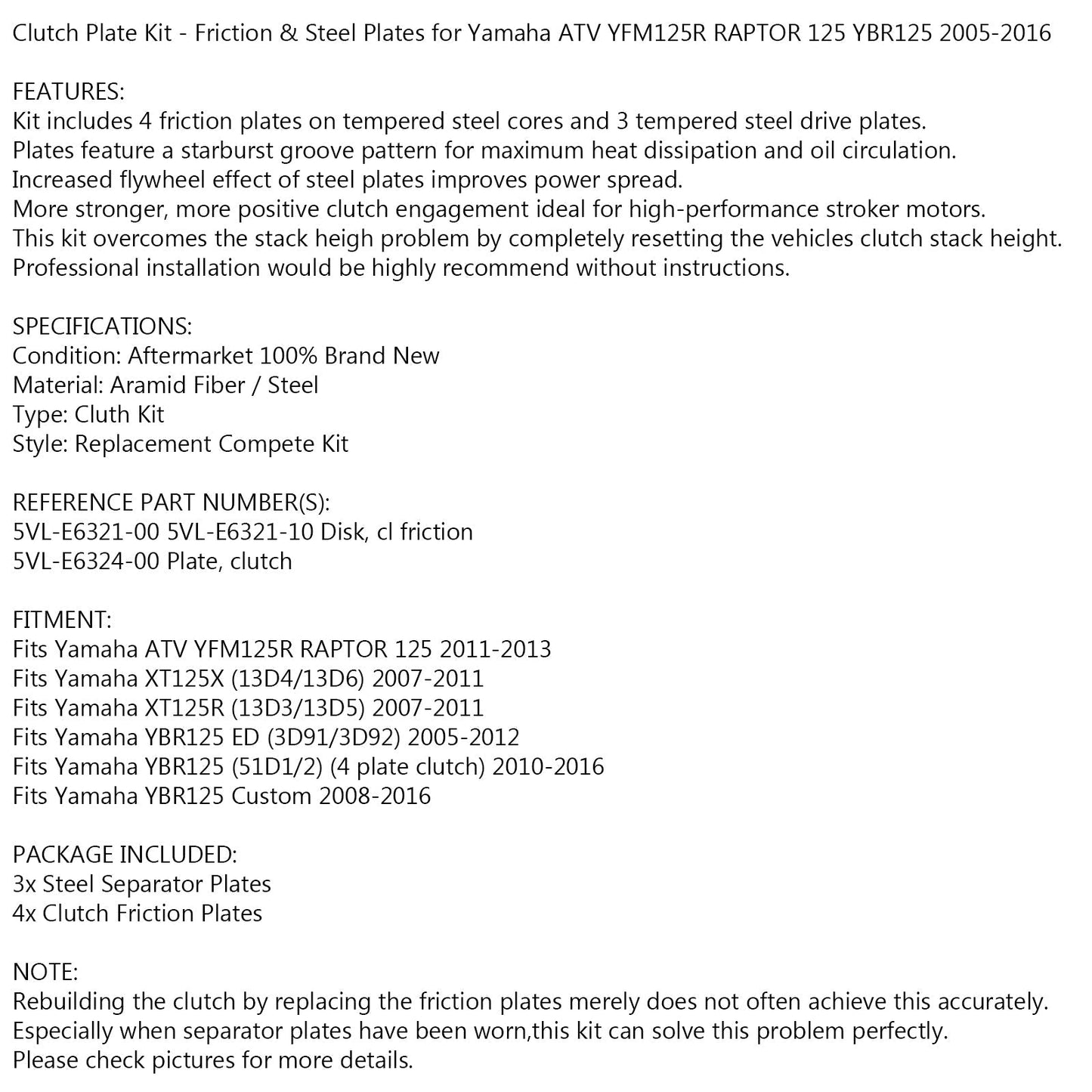 Kit de embrague de acero y placas de fricción para Yamaha YFM125R RAPTOR 125 YBR125 05-2016