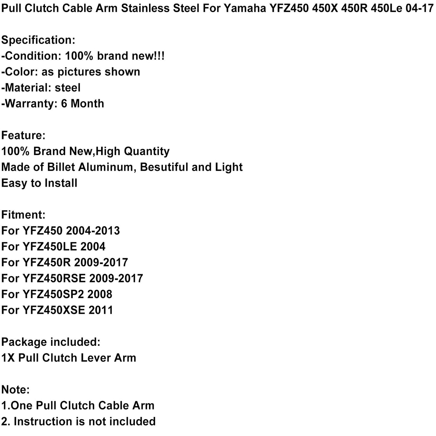 Cable de embrague de tracción en acero inoxidable para Yamaha Yfz450 450X 450R 450Le 04-17