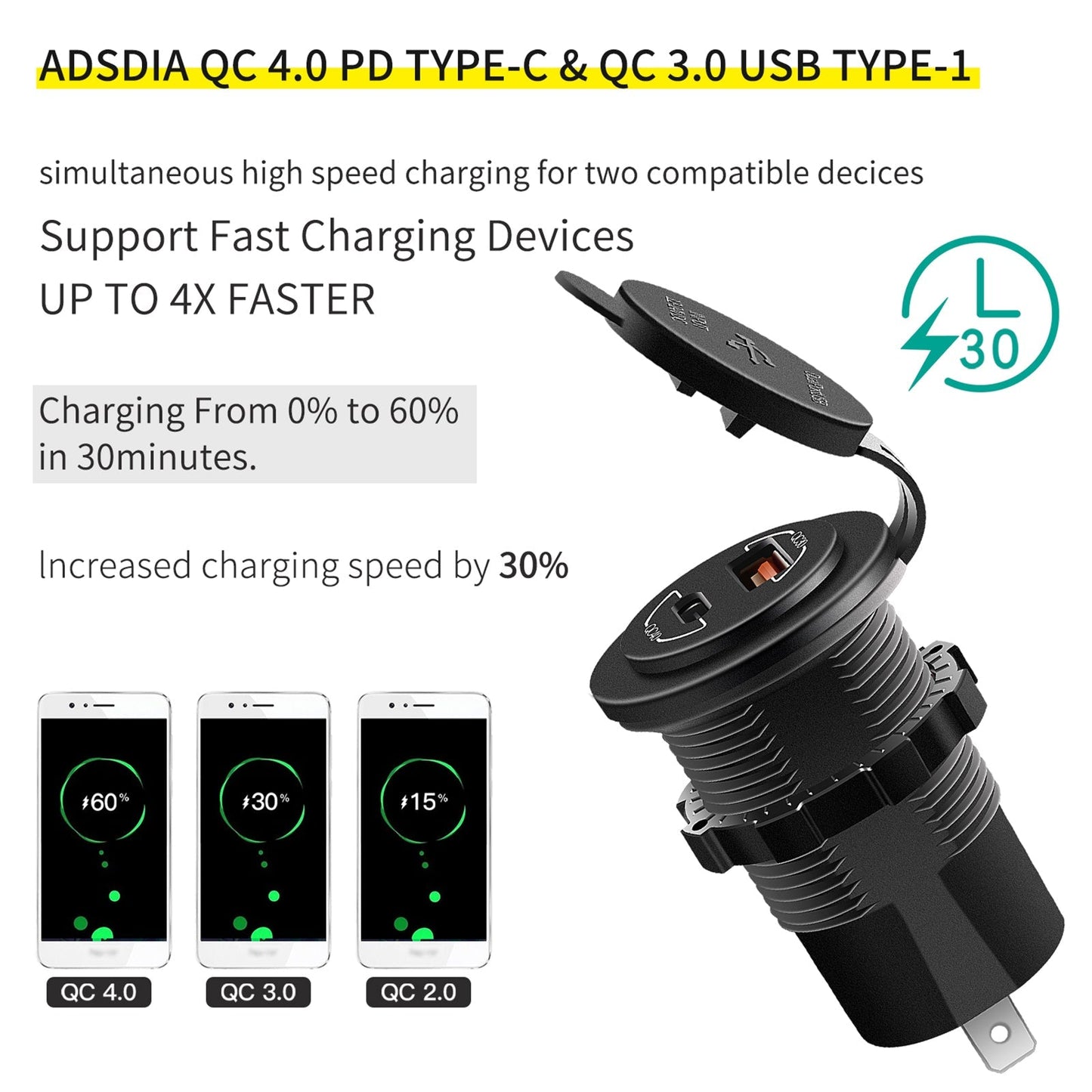 Soporte de carga para teléfono de 60 W QC4.0, soporte de extensión para motocicleta, color negro