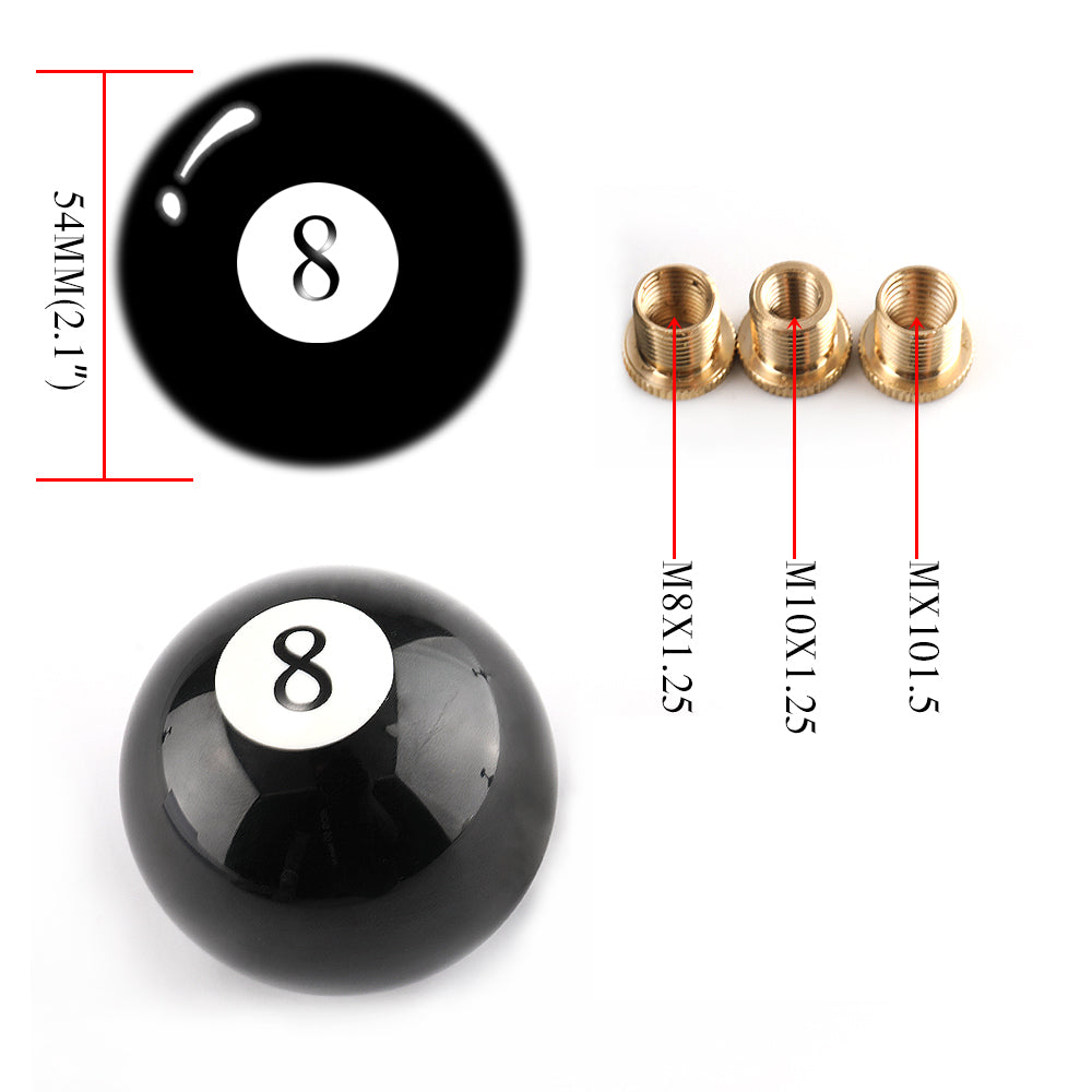 Pommeau de levier de vitesse universel rond noir en forme de boule de billard n° 8 avec 3 adaptateurs