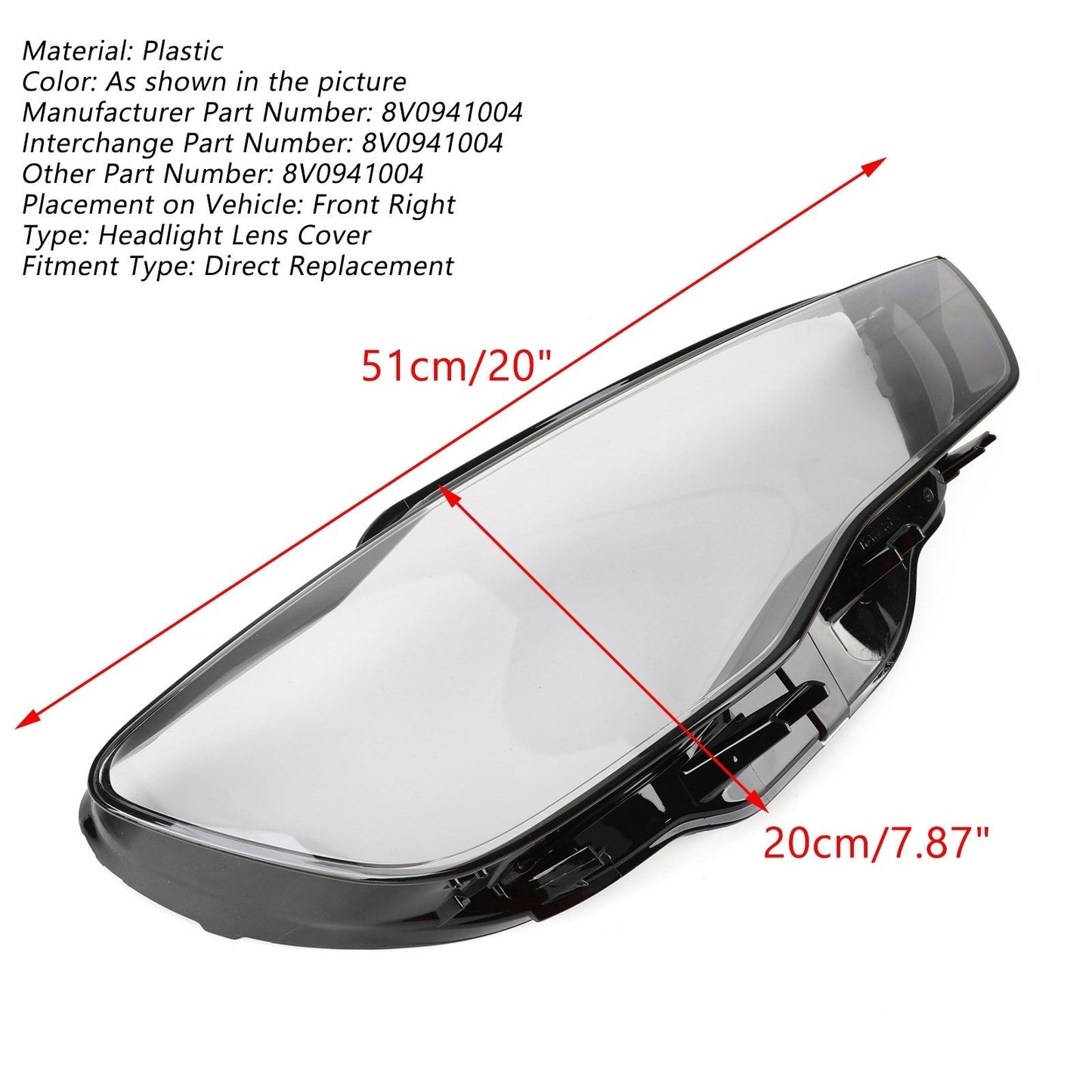 Couvercle de phare transparent pour Audi A3 2013-2016, lentille de phare droit 8V0941004