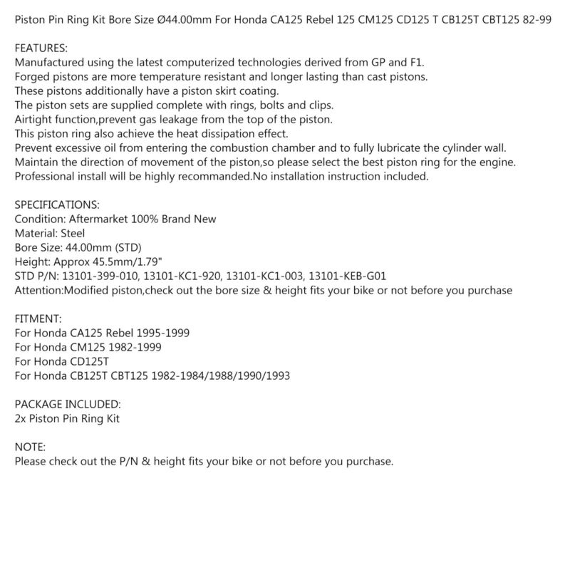 Engine Piston Rings Pin Kit Standard For Honda Rebel 125 Ca/Cm Cd125T Cb125T